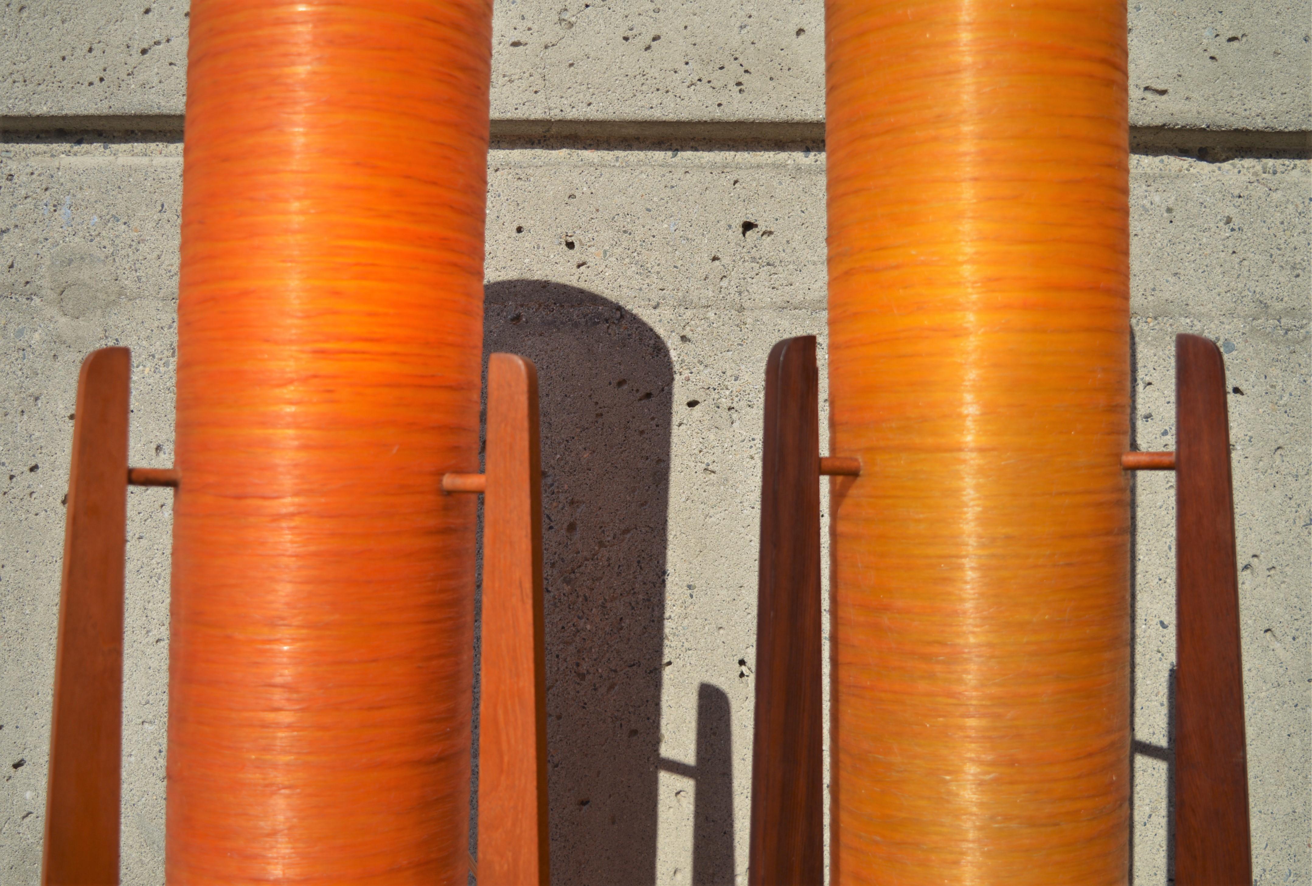 Mid-20th Century MCM Teak Tripod Floor Lamp W/ Orange Fiberglass Shades-by Sir Terence Conran