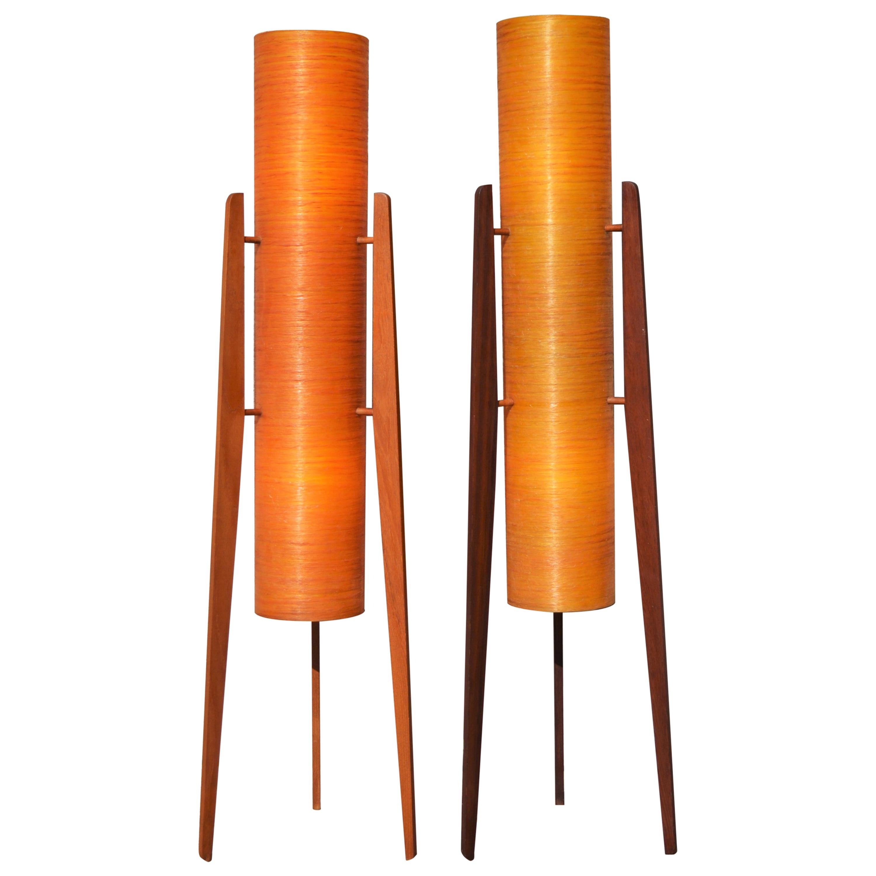 MCM Teak Tripod Floor Lamp W/ Orange Fiberglass Shades-by Sir Terence Conran