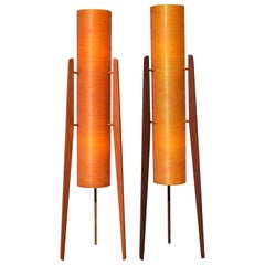 Vintage MCM Teak Tripod Floor Lamp W/ Orange Fiberglass Shades-by Sir Terence Conran