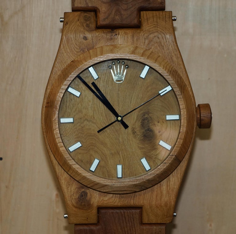 Hand Solid Elm and Oak Rolex Oyster Perpetual Wristwatch Wall Clock For