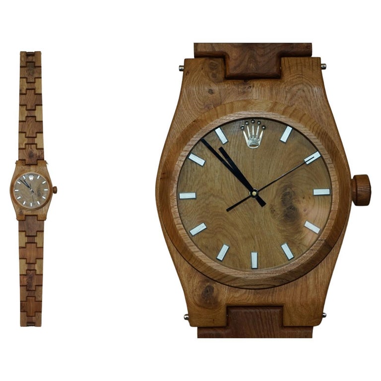 Hand Solid Elm and Oak Rolex Oyster Perpetual Wristwatch Wall Clock For