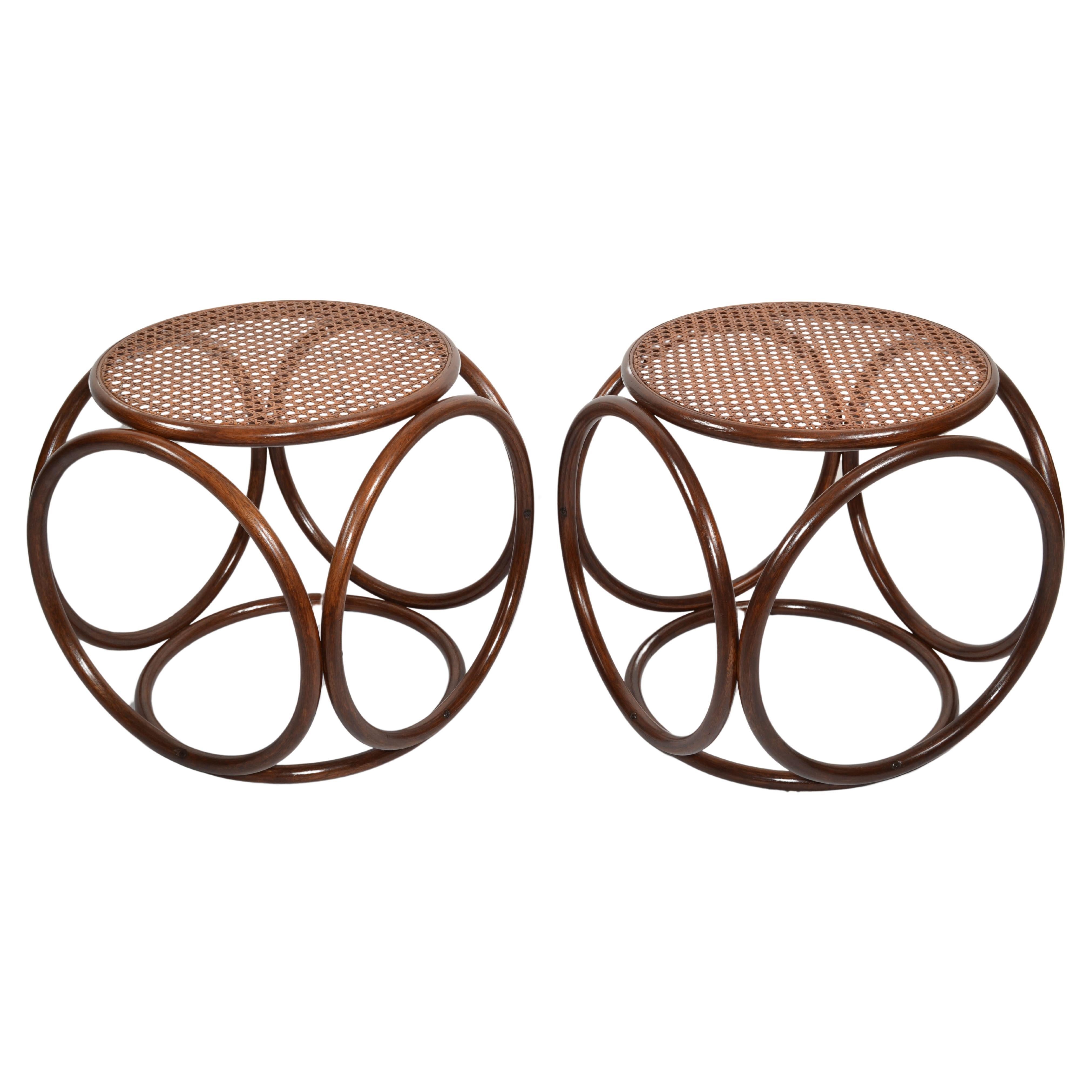 2 Michael Thonet Bentwood Cane Stool Ottoman Side Table End Table Rustic Austria