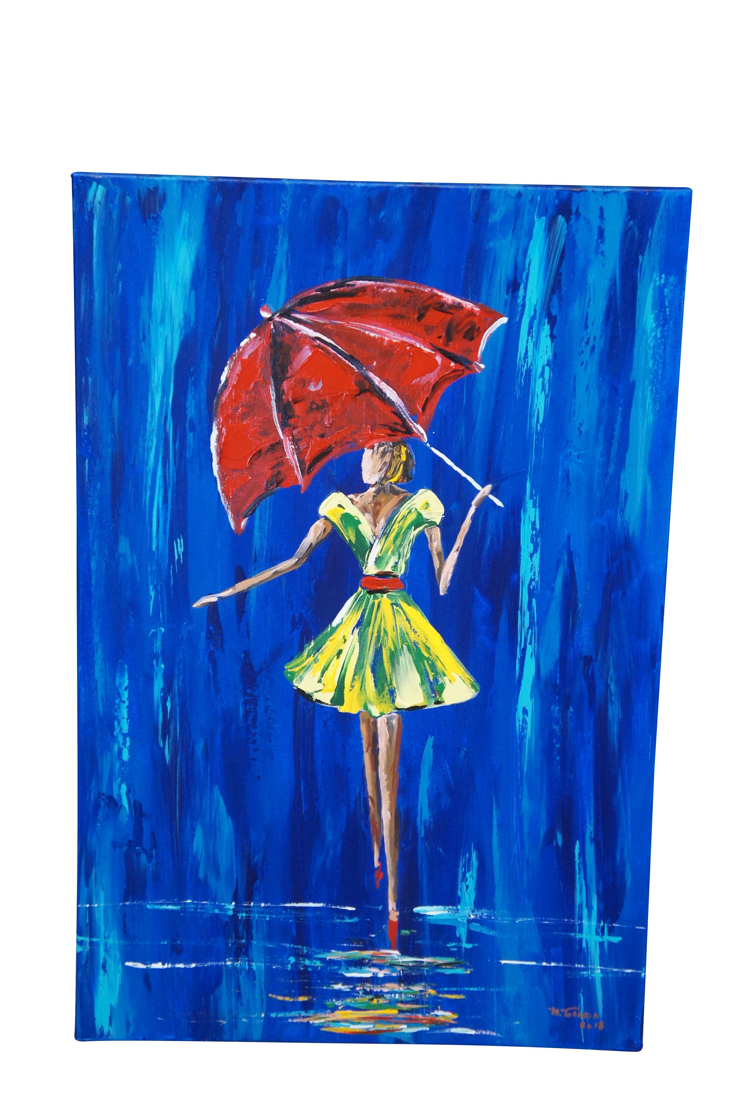 Set of two vintage oil paintings on canvas by Michael Tolleson Robles featuring two female figures walking in the rain with umbrellas.  Circa 2018.  Part of Robles Rain Collection.  

Michael Tolleson Robles, An Autistic Savant Artist, Author, and