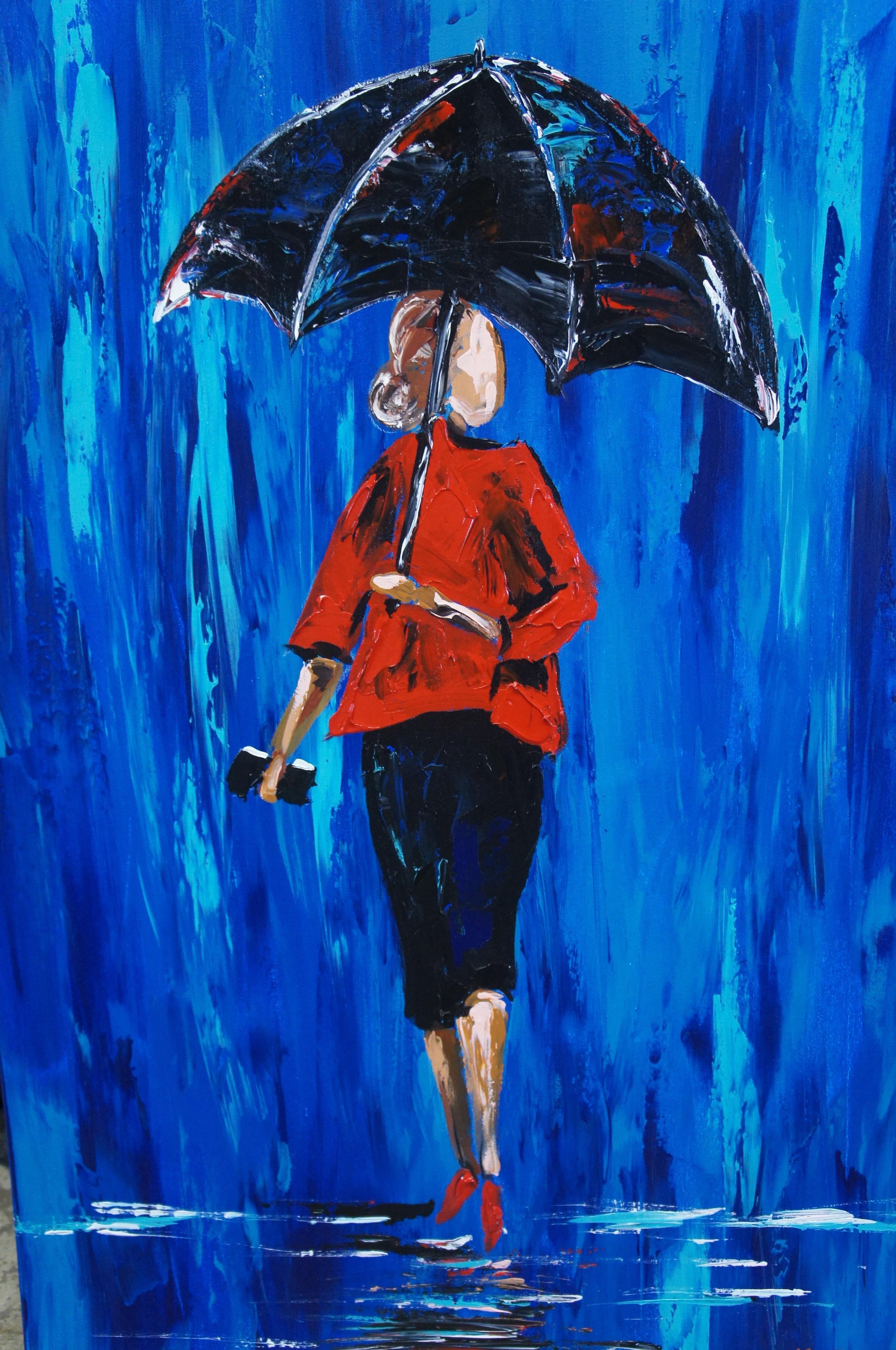 20th Century 2 Michael Tolleson Robles Women Walking w Umbrellas in Rain Oil Paintings 36