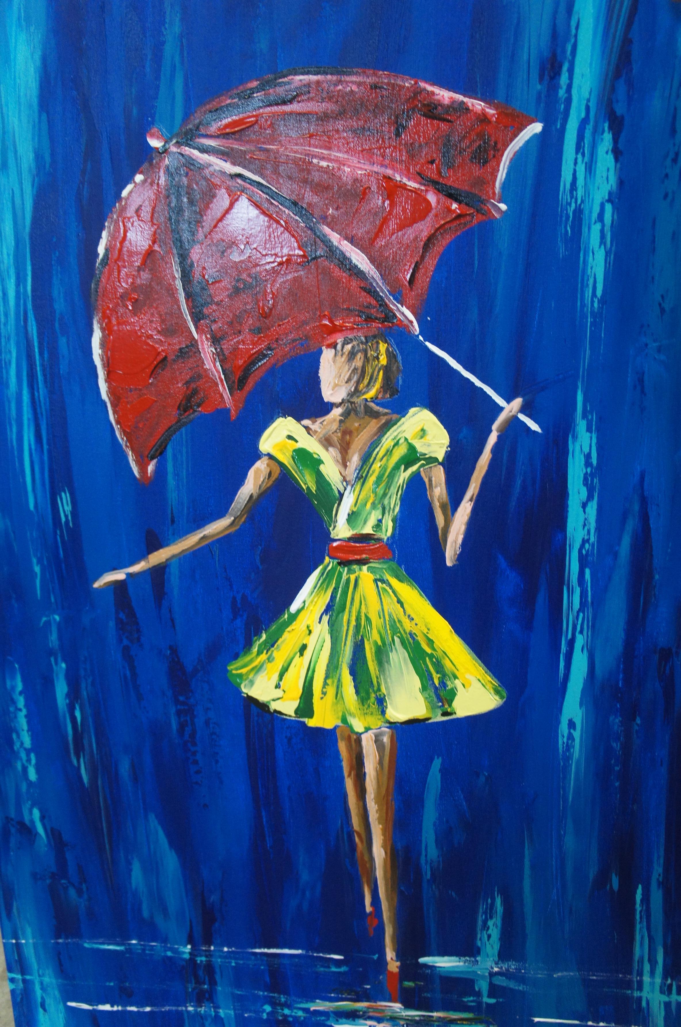2 Pinturas al óleo de Michael Tolleson Robles Mujeres caminando con paraguas bajo la lluvia 36