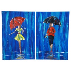 2 Pinturas al óleo de Michael Tolleson Robles Mujeres caminando con paraguas bajo la lluvia 36" (36 cm)