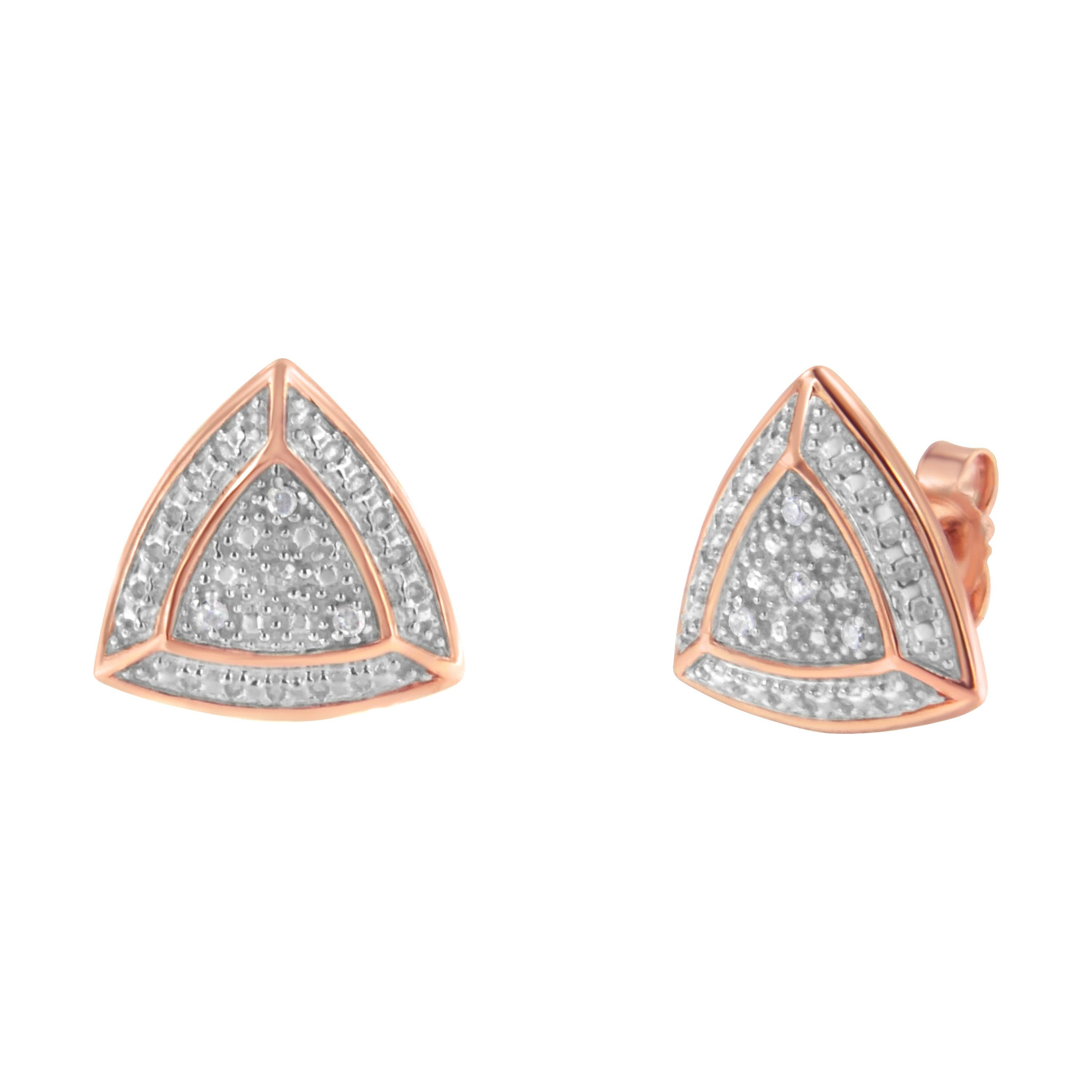 Brighten up your face by wearing these sterling silver stud earrings. Designed in a triangular shape, the pair of earrings is lavishly enriched with pave set round cut diamonds. Defining true elegance with unmatched craftsmanship, the jewel comes