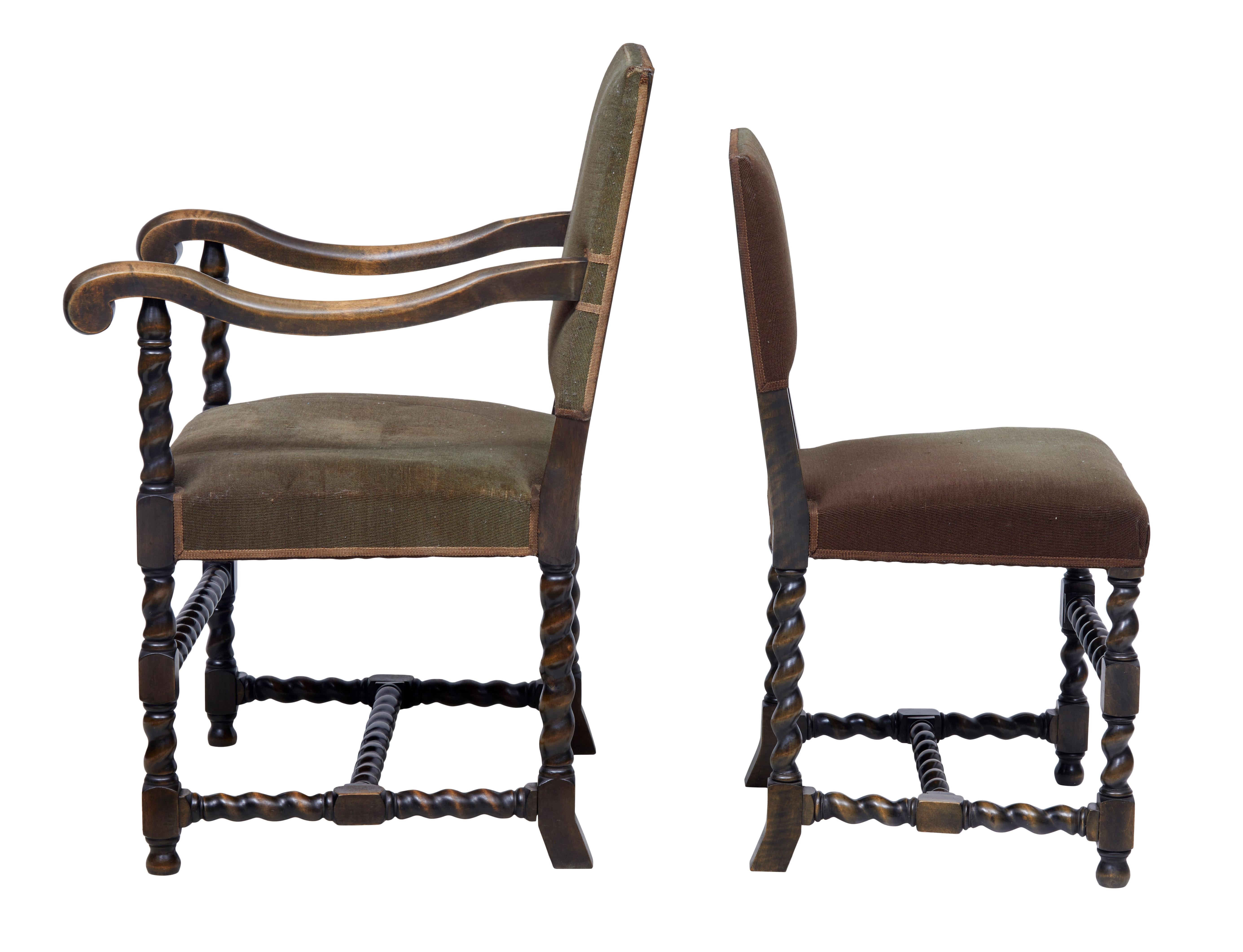 Here we have a single and armchair by Otto Schulz, circa 1940.

Made in birch which has been stained. Scrolled shaped arms with barley twist supports. Each standing on barley twist legs and stretchers.

Ideal for use around a freestanding