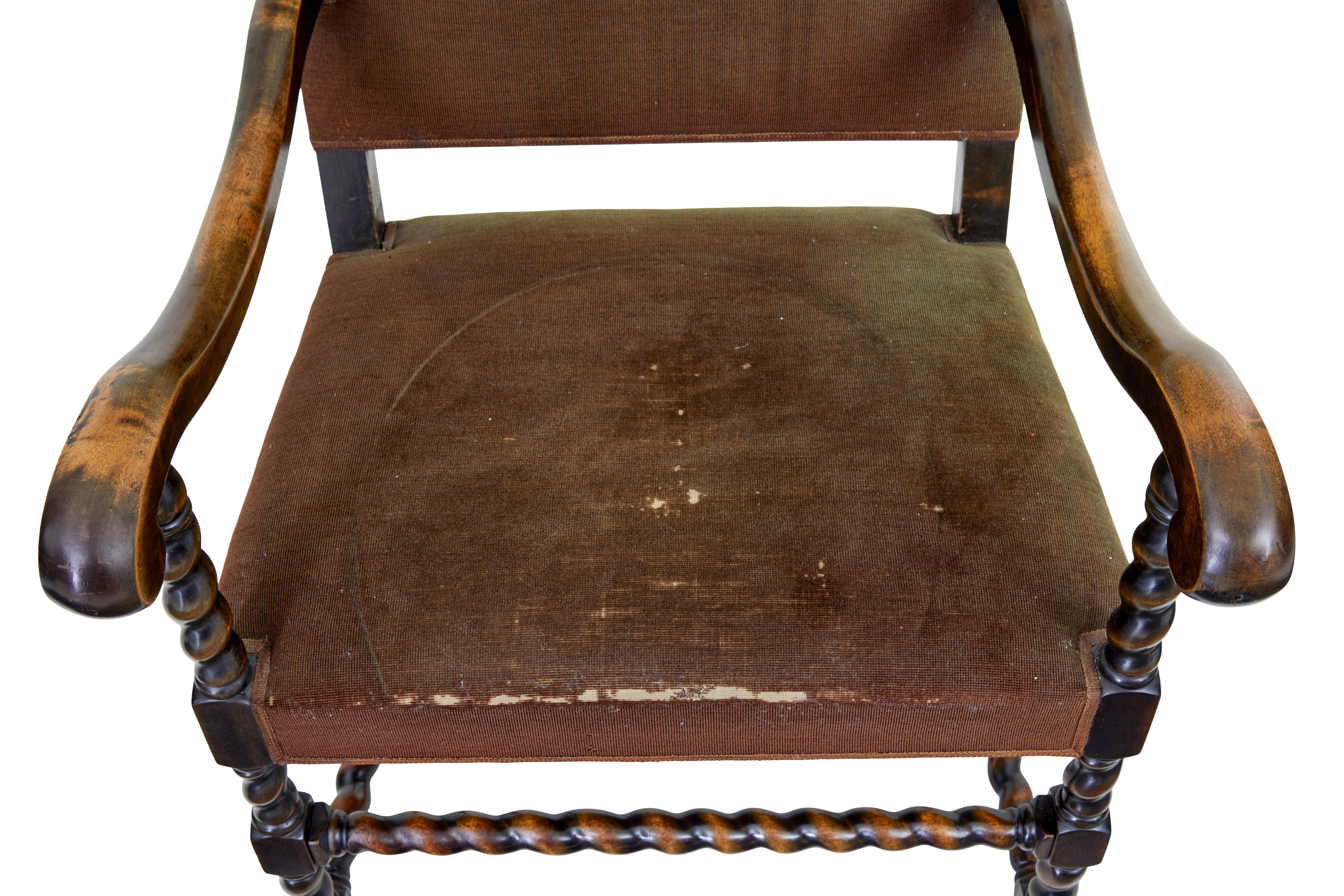 Here we have a single and armchair by otto schulz circa 1940.

Made in birch which has been stained.  Scrolled shaped arms with barley twist supports.  Each standing on barley twist legs and stretchers.

Ideal for use around a free standing