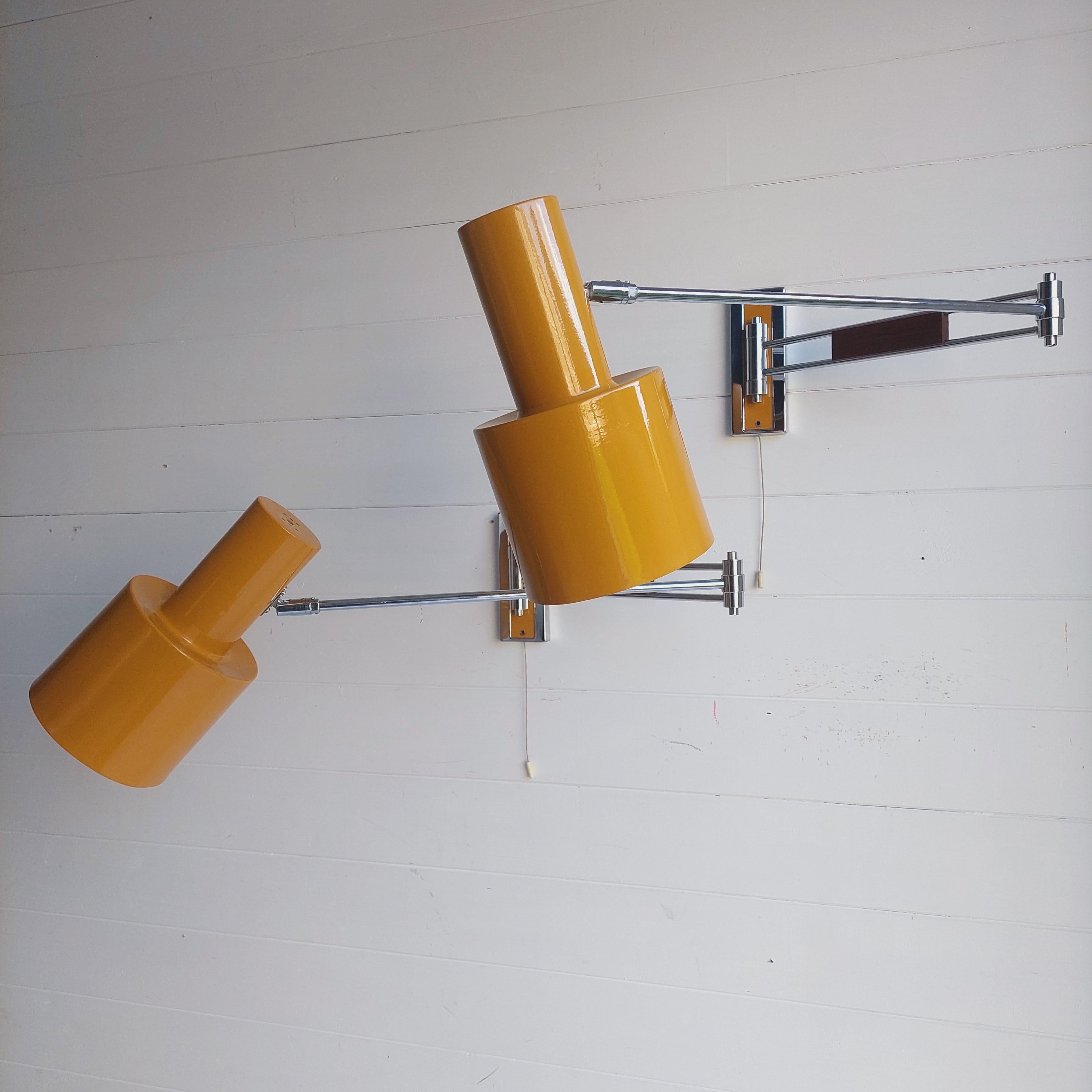 2 Mid Century adjustable Swing Arm Sconces Danish Wall Lamps Jo Hammerborg style In Good Condition In Leamington Spa, GB