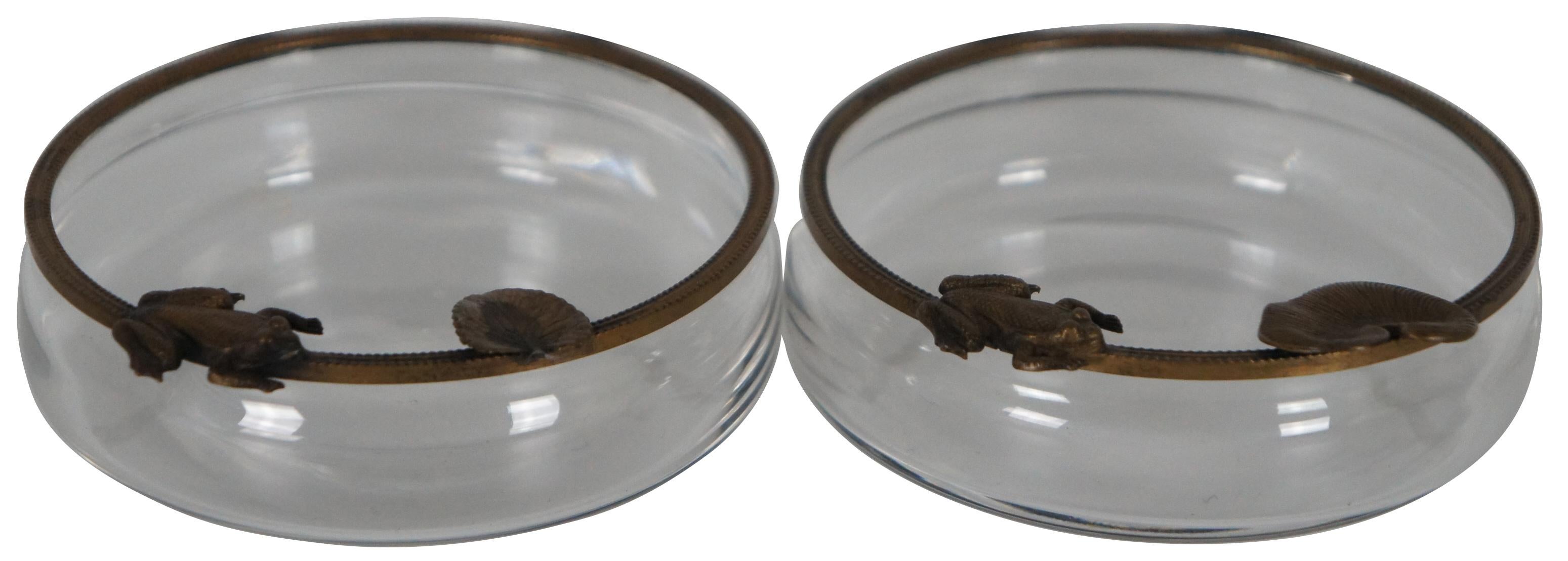 Pair of vintage glass candy or nut dishes with brass edges decorated with frogs and lily pads. Measure: 4