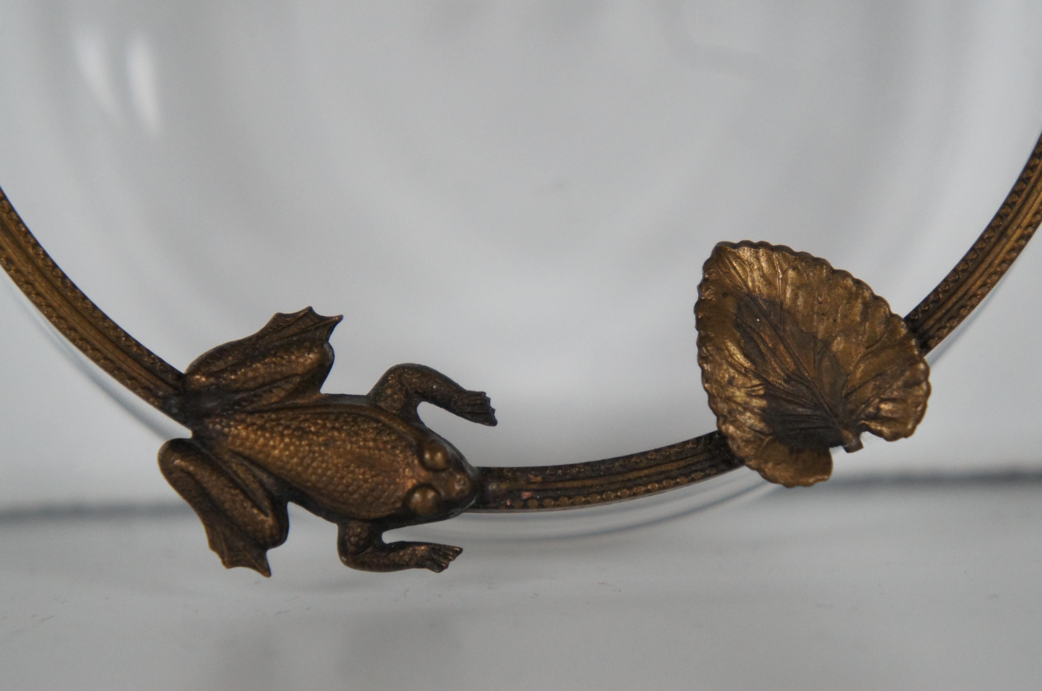 20th Century 2 Mid Century Artisian Glass Candy Dishs Ashtrays w Brass Frog Lily Pad Edge