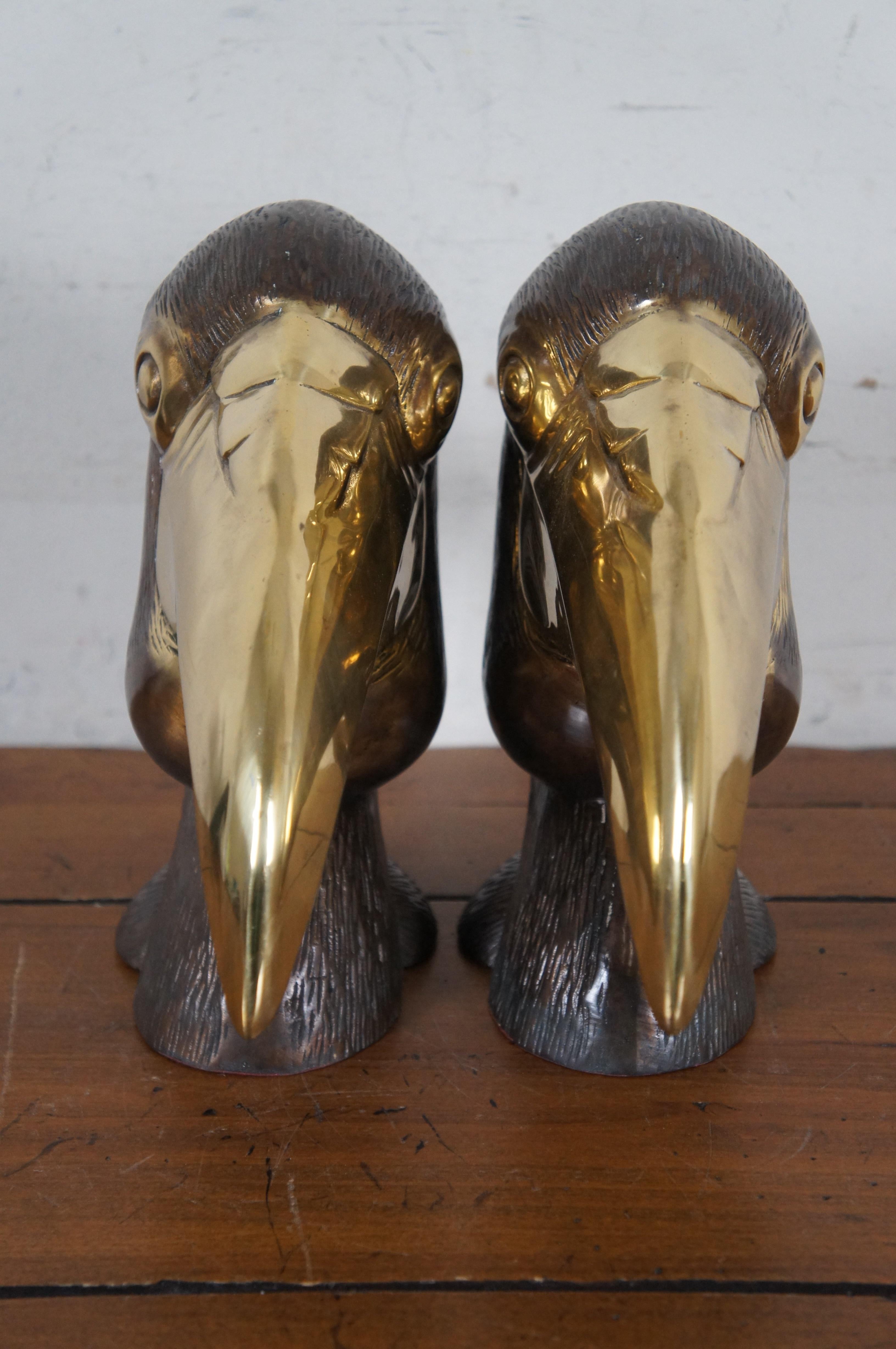 2 Mid Century Brass Hornbill Toucan Bird Head Sculptures Statues Bookends 13