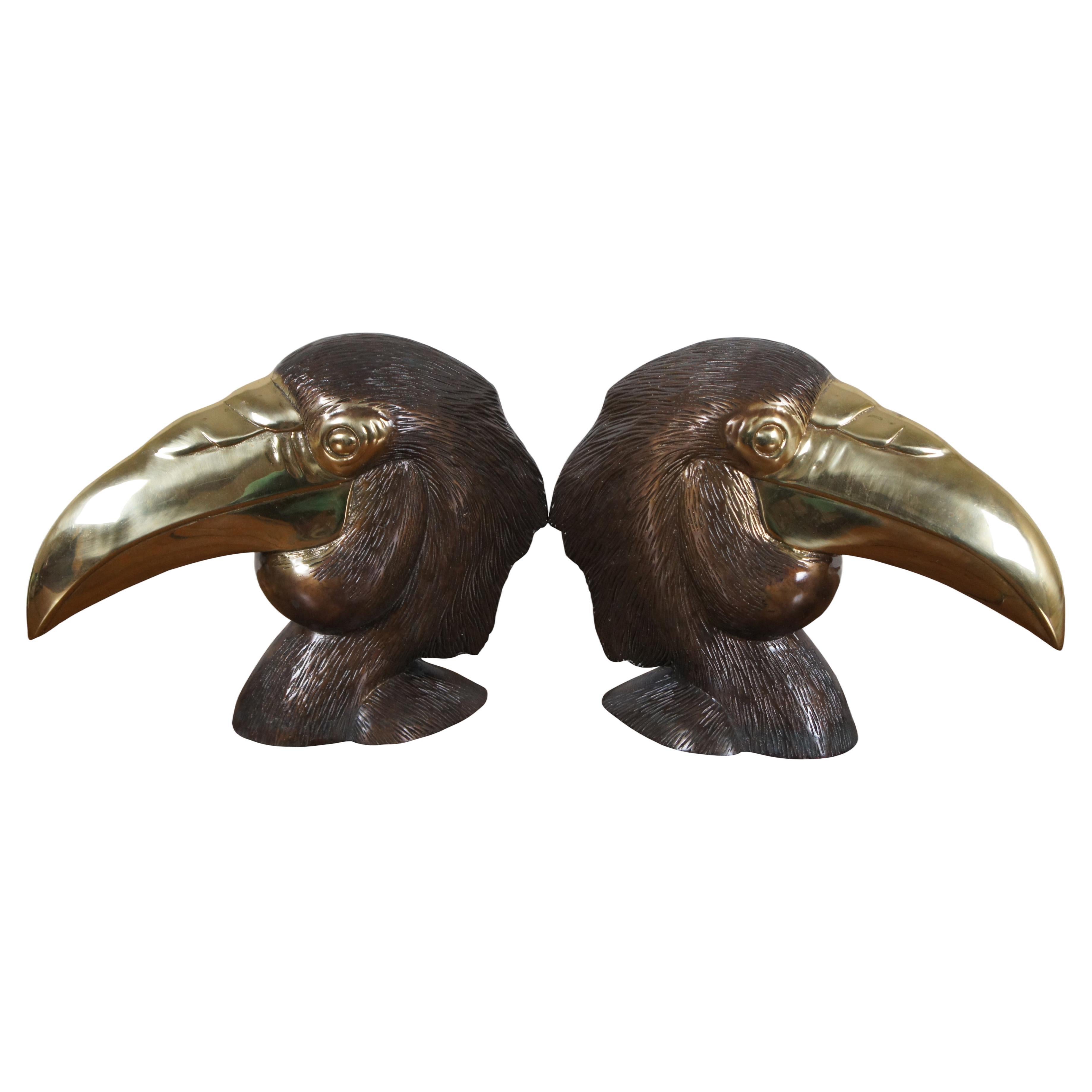 2 Mid Century Brass Hornbill Toucan Bird Head Sculptures Statues Bookends 13" For Sale