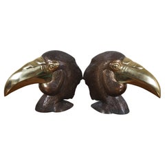 Retro 2 Mid Century Brass Hornbill Toucan Bird Head Sculptures Statues Bookends 13"