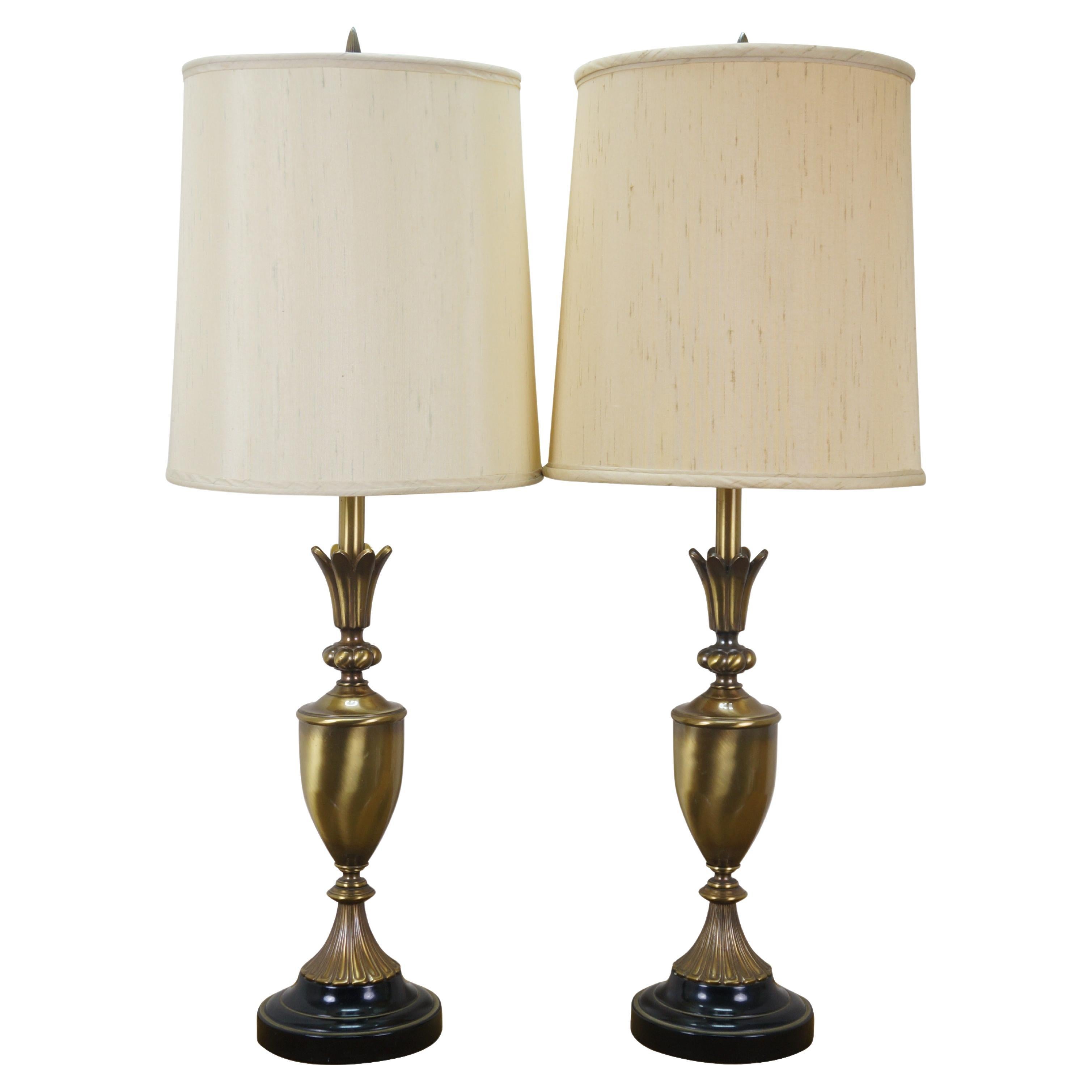 2 Mid Century Brass Neoclassical Mantel Vase Trophy Urn Table Lamps 38" For Sale