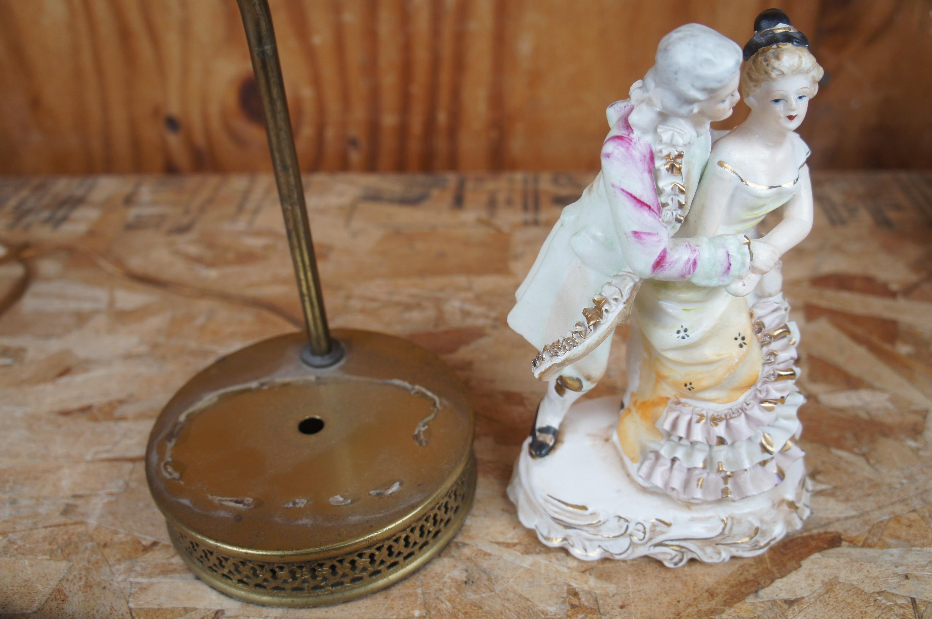 Baroque 2 Mid-Century Chase Porcelain Figurine Boudoir Vanity Lamps Brass Japan