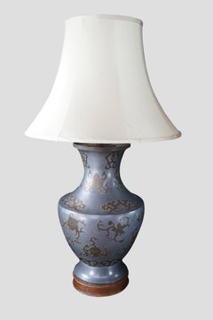 2 Mid Century Chinese Pewter Brass Overlay Vase Urn Buffet Lamps Chinoiserie MCM