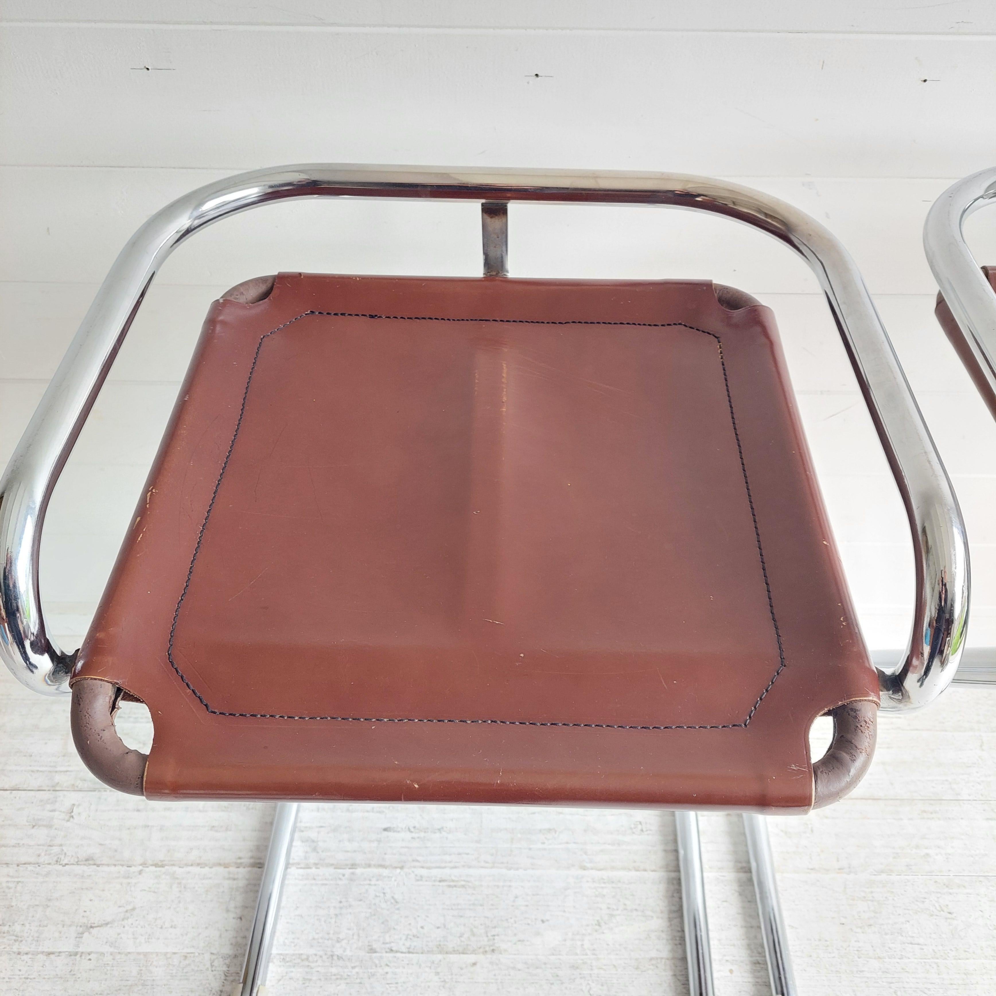 2 Mid Century Chrome & leatherette Bar Stools Borge Lindau style, Italy 1970s 5