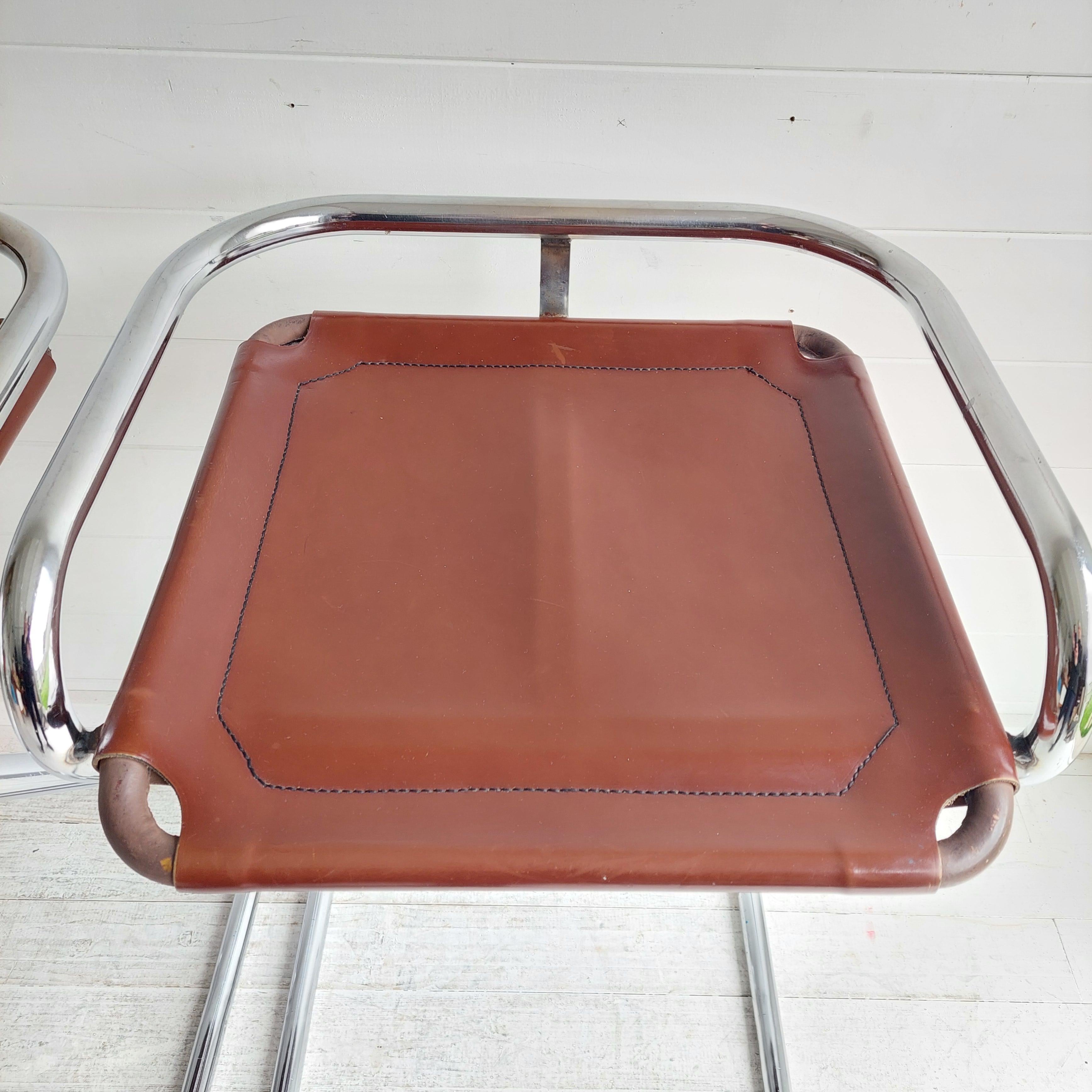 2 Mid Century Chrome & leatherette Bar Stools Borge Lindau style, Italy 1970s 6
