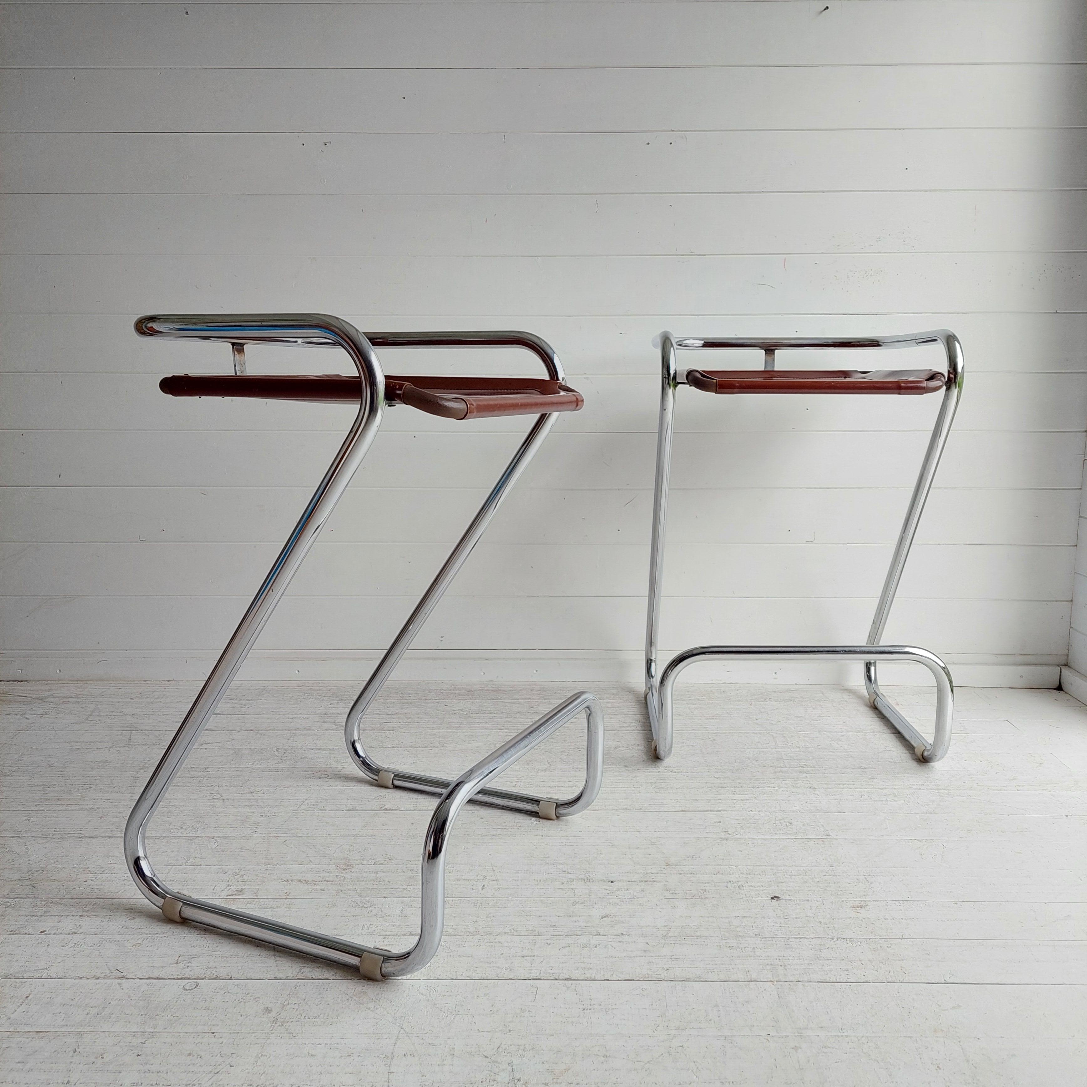 Bauhaus 2 Mid Century Chrome & leatherette Bar Stools Borge Lindau style, Italy 1970s