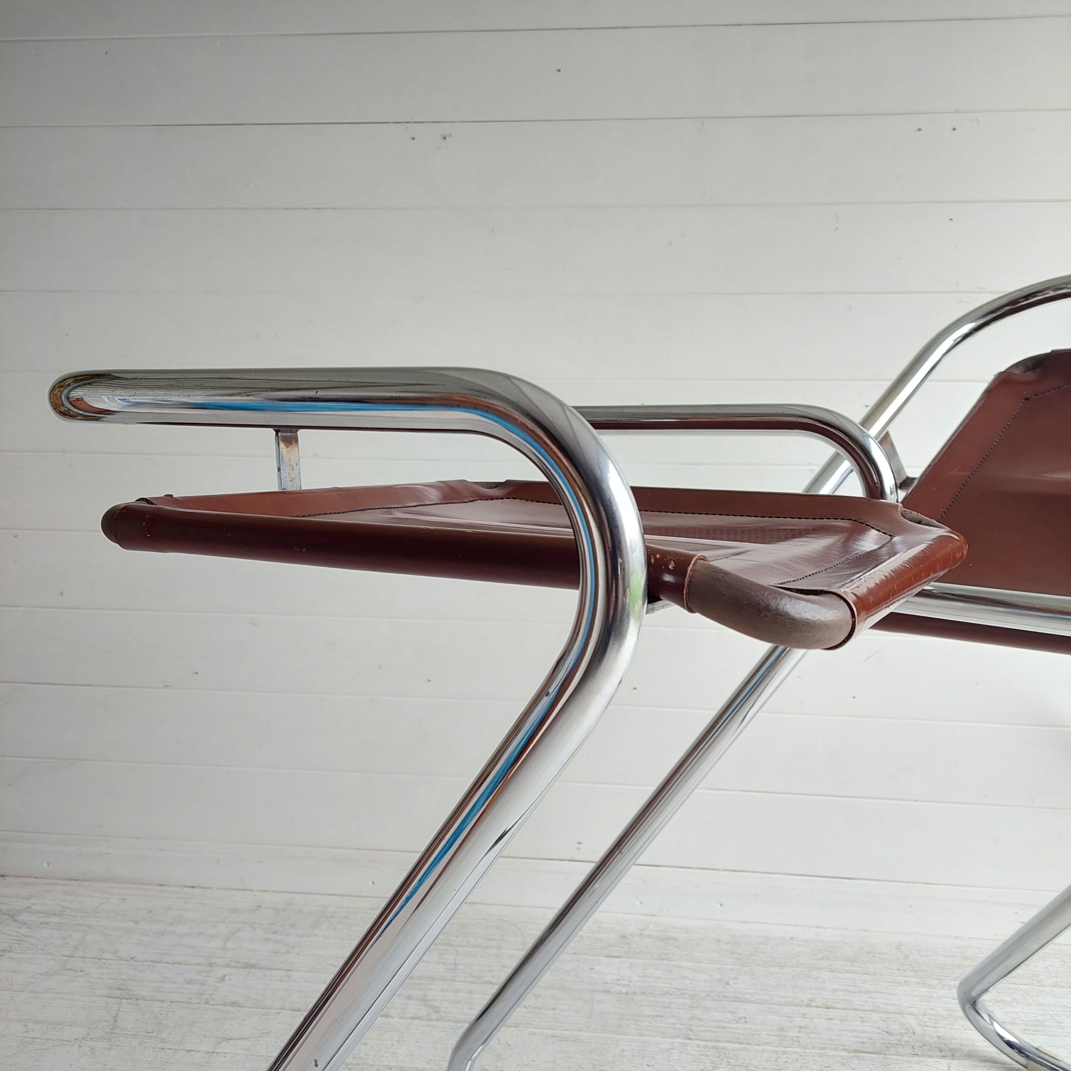 European 2 Mid Century Chrome & leatherette Bar Stools Borge Lindau style, Italy 1970s