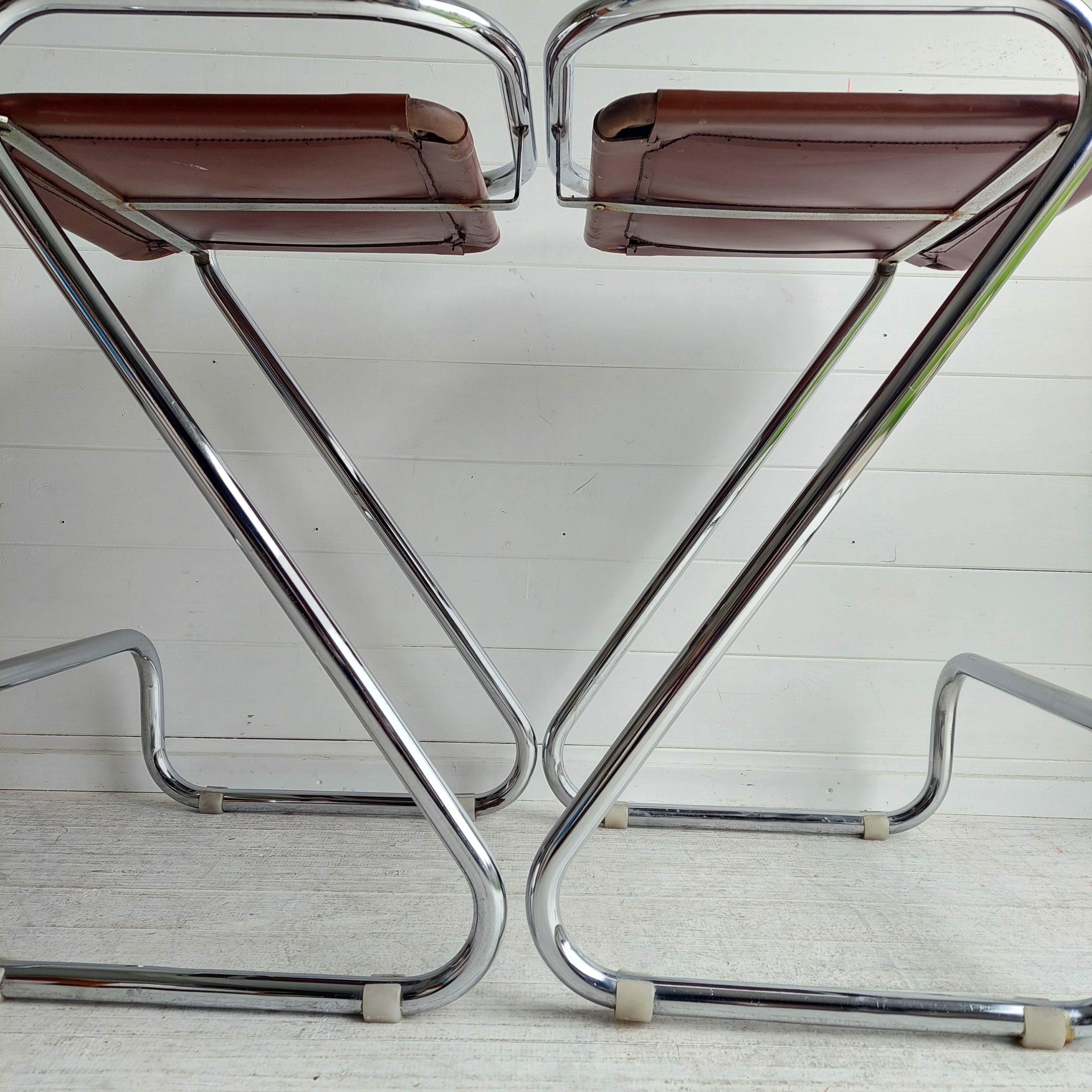 Faux Leather 2 Mid Century Chrome & leatherette Bar Stools Borge Lindau style, Italy 1970s