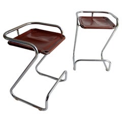 2 Mid Century Chrome & leatherette Bar Stools Borge Lindau style, Italy 1970s