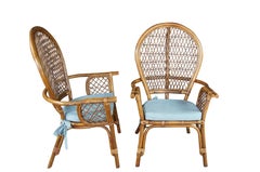 2 Mid Century Coastal Style Boho Chic Bamboo & Rattan Peacock Arm Chairs