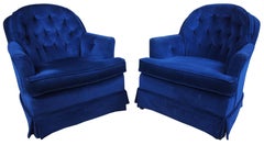 2 Midcentury Continental Hickory White Blue Tufted Club Lounge Chairs