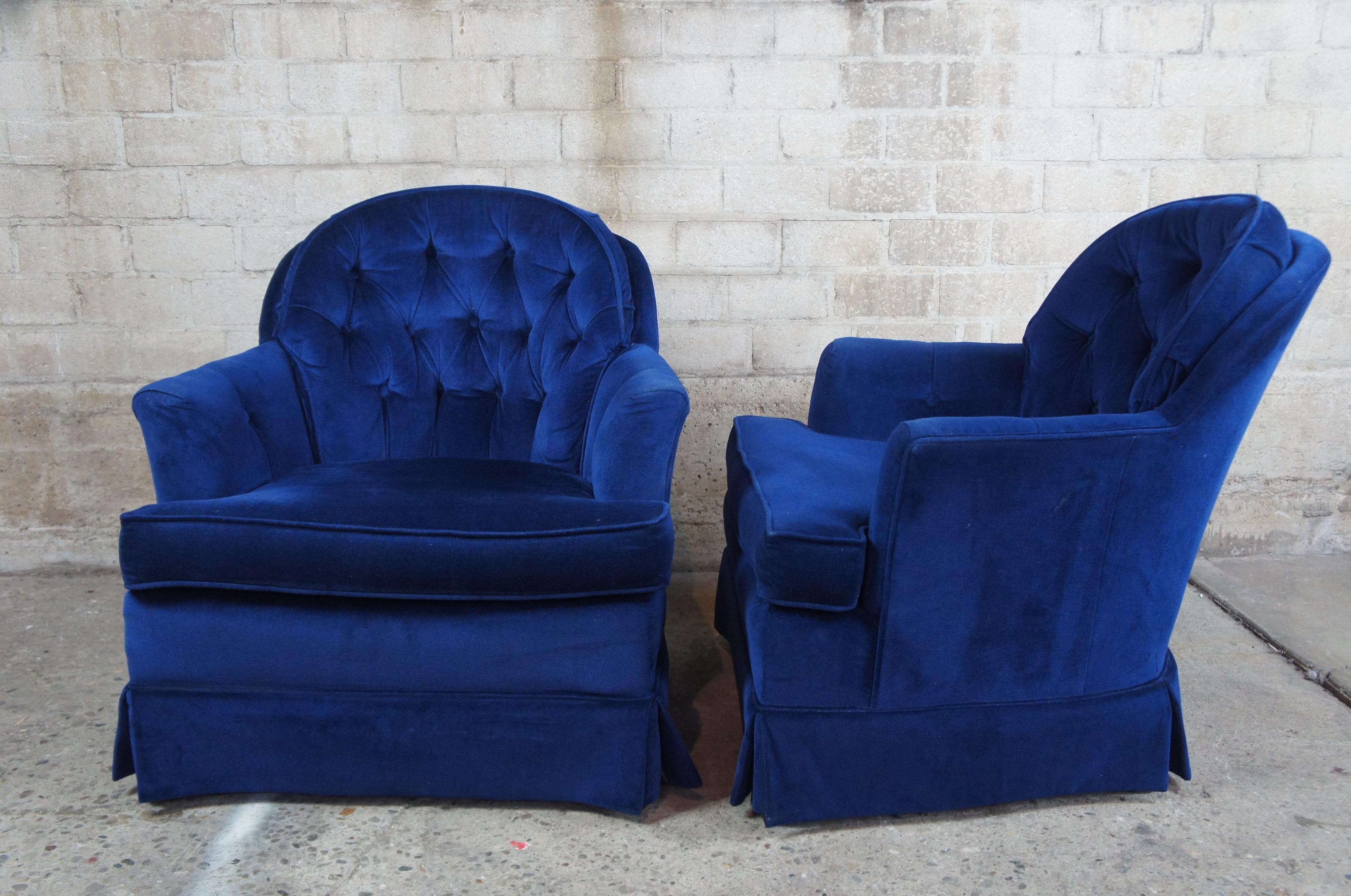 Mid-Century Modern 2 Midcentury Continental Hickory White Blue Tufted Club Lounge Chairs