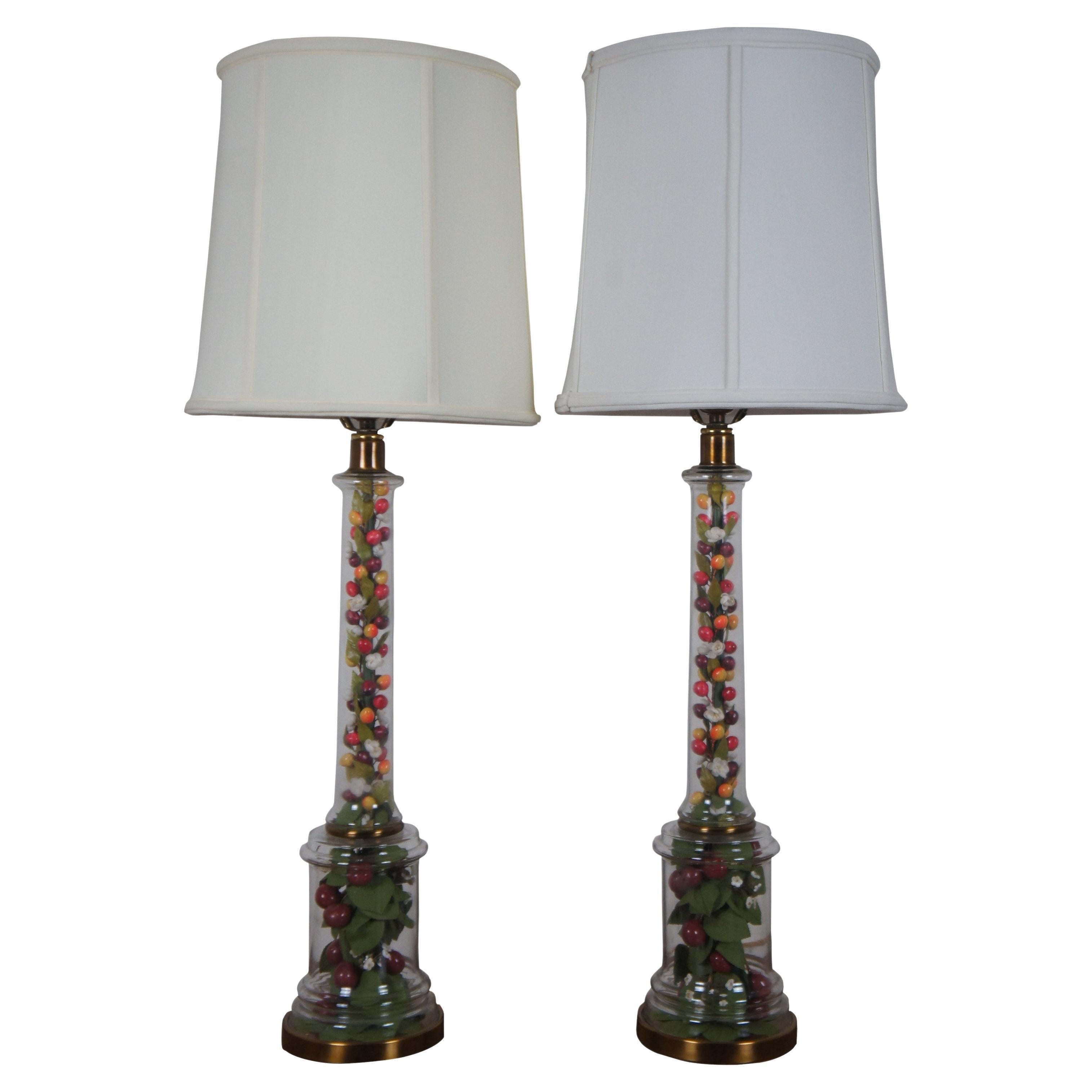 2 Mid Century Frederick Cooper Glass Brass Foliage Fruit Berries Table Lamps