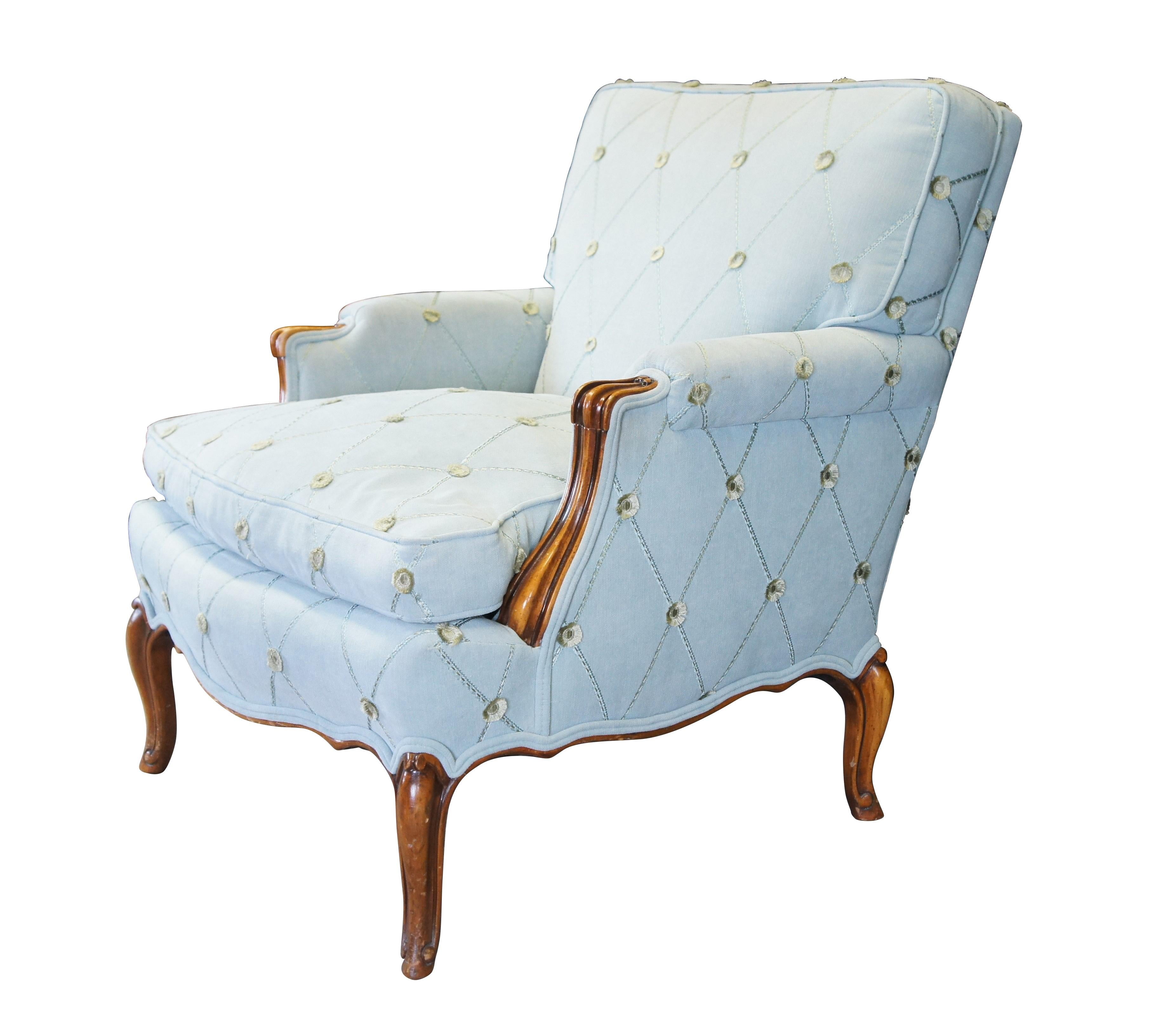 2 Mid Century French Provincial Walnut Downfilled Club Lounge Library Armchairs In Good Condition In Dayton, OH