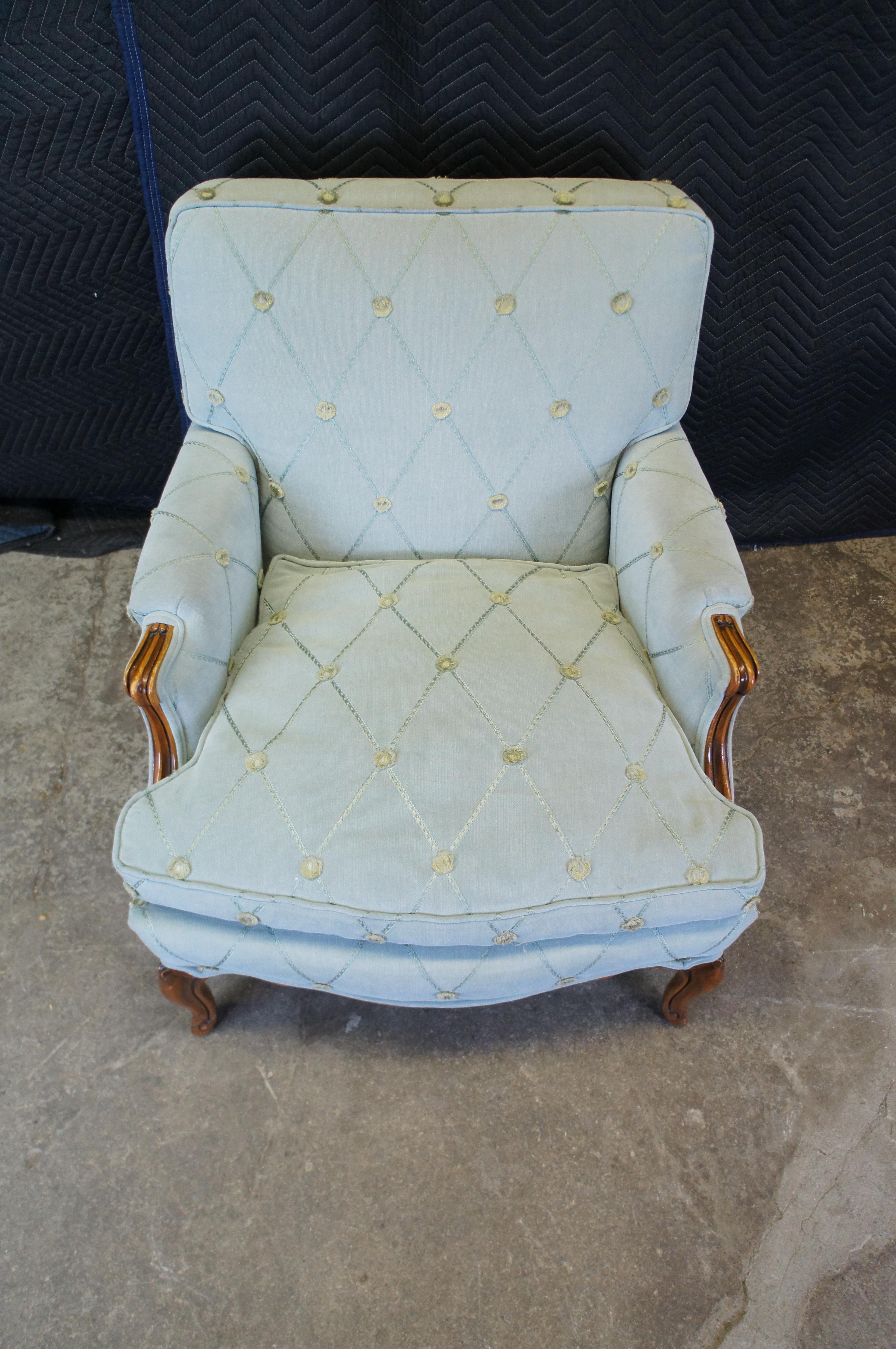 Upholstery 2 Mid Century French Provincial Walnut Downfilled Club Lounge Library Armchairs