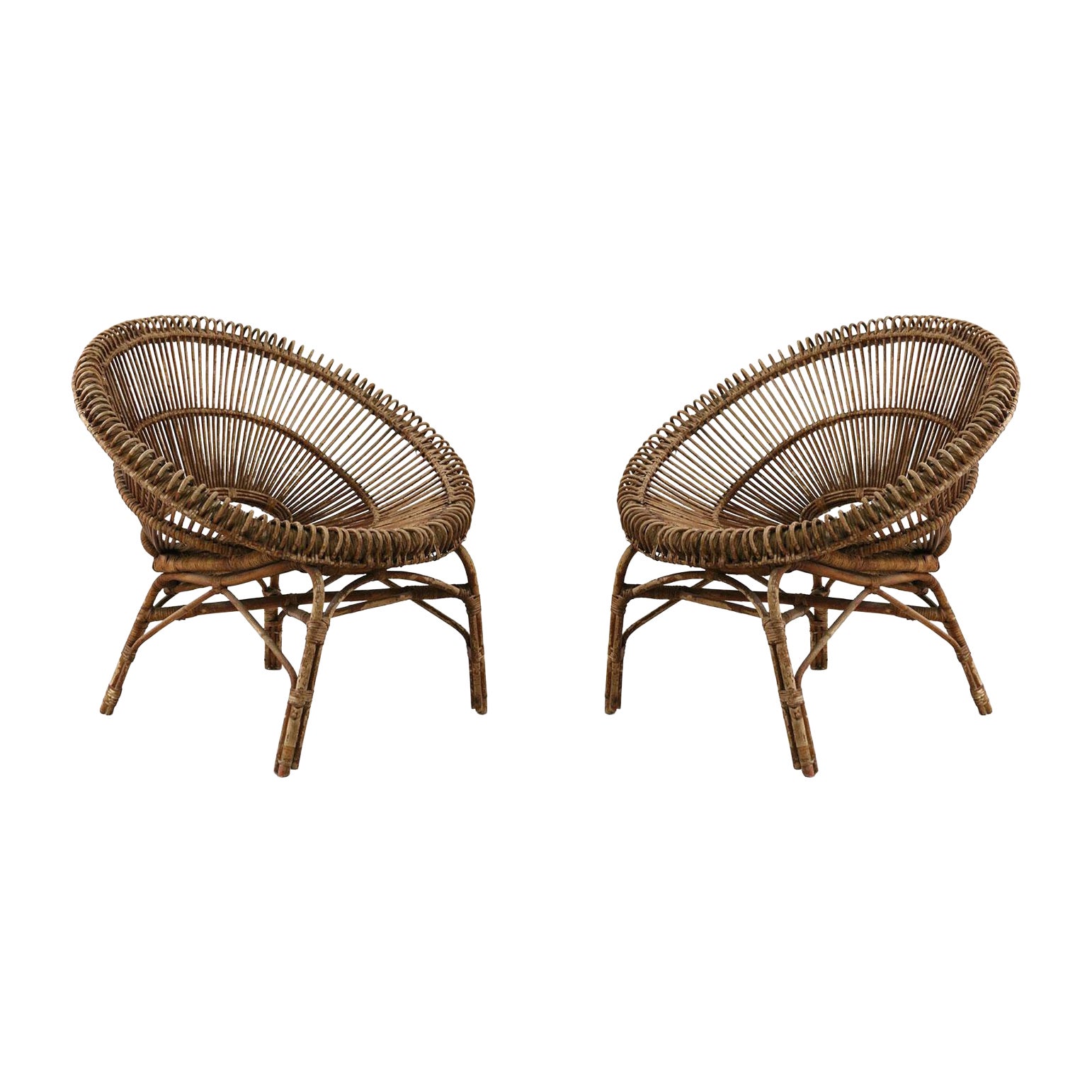 2 Mid-Century French Round Bamboo and Rattan Chairs For Sale