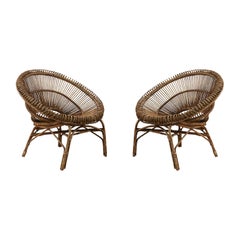 2 Mid-Century French Round Bamboo and Rattan Chairs