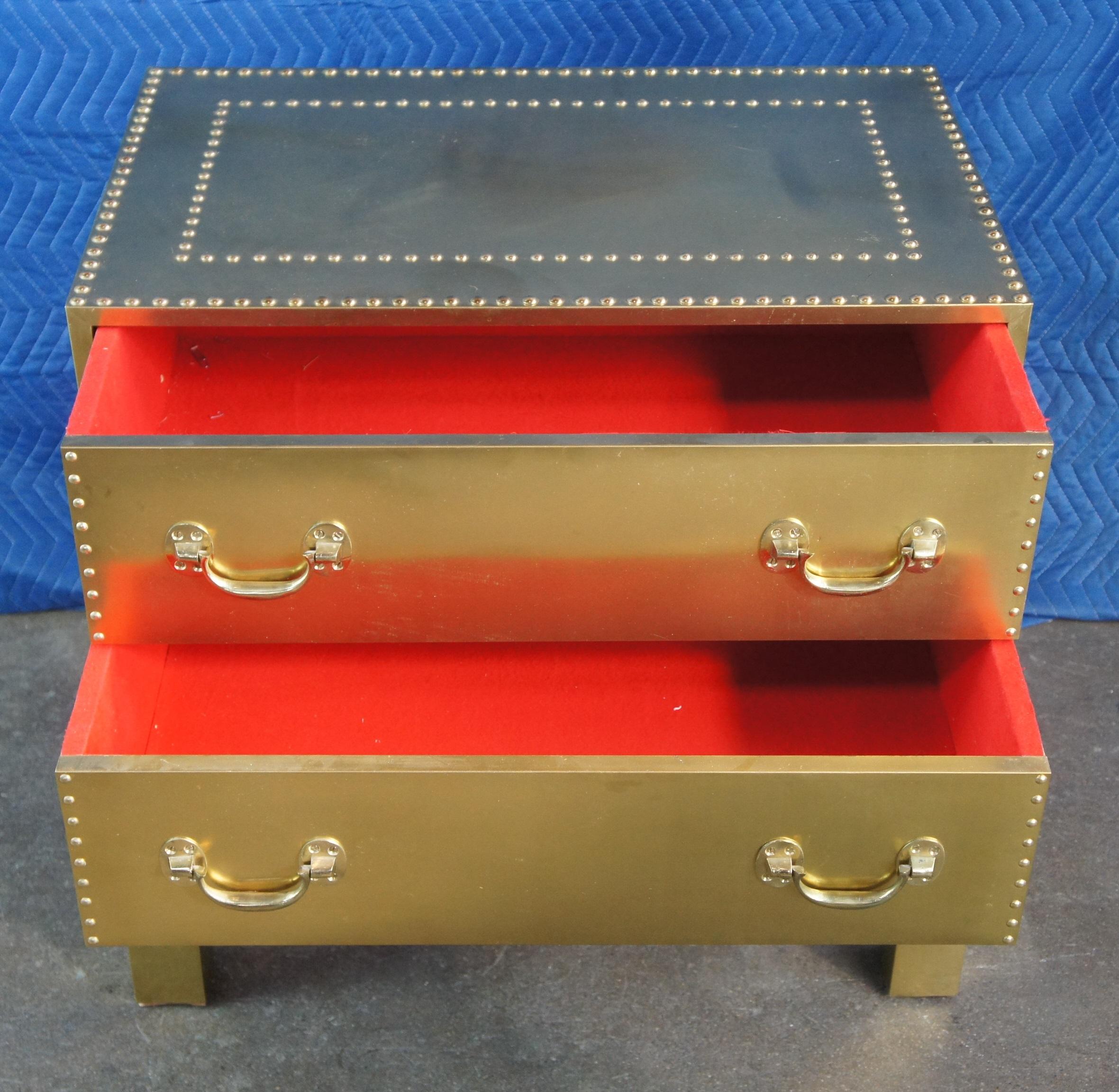 Late 20th Century 2 Mid Century Gold Campaign Chests on Stand Espana Brass Nightstands Table Spain