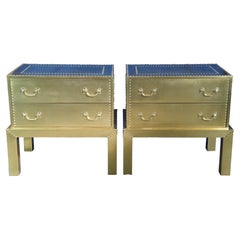 2 Mid Century Gold Campaign Chests on Stand Espana Brass Nightstands Table Spain