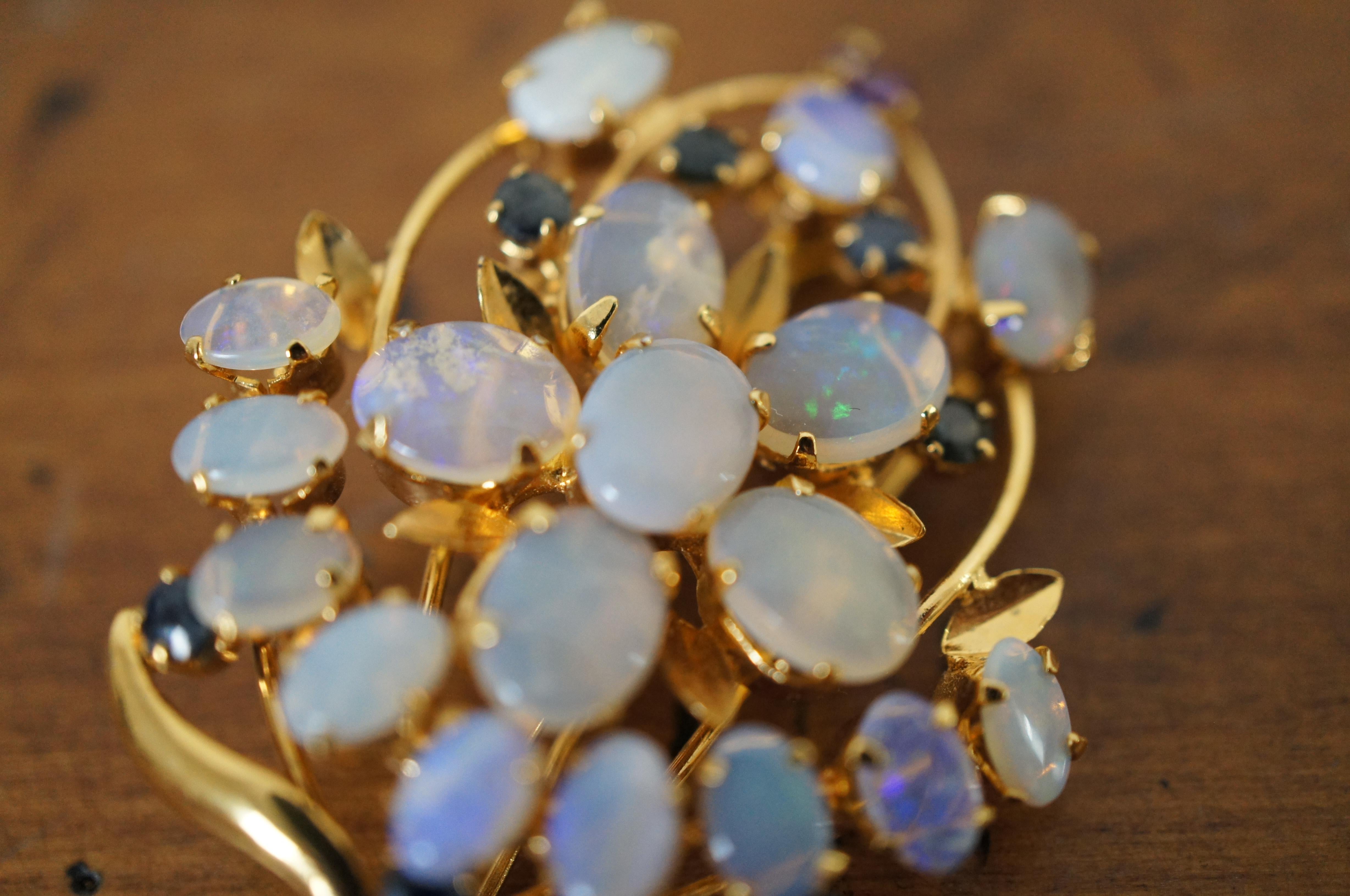 2 Midcentury Gold Tone Opal & Sapphire Floral Cluster Brooch Pendant Pins 2