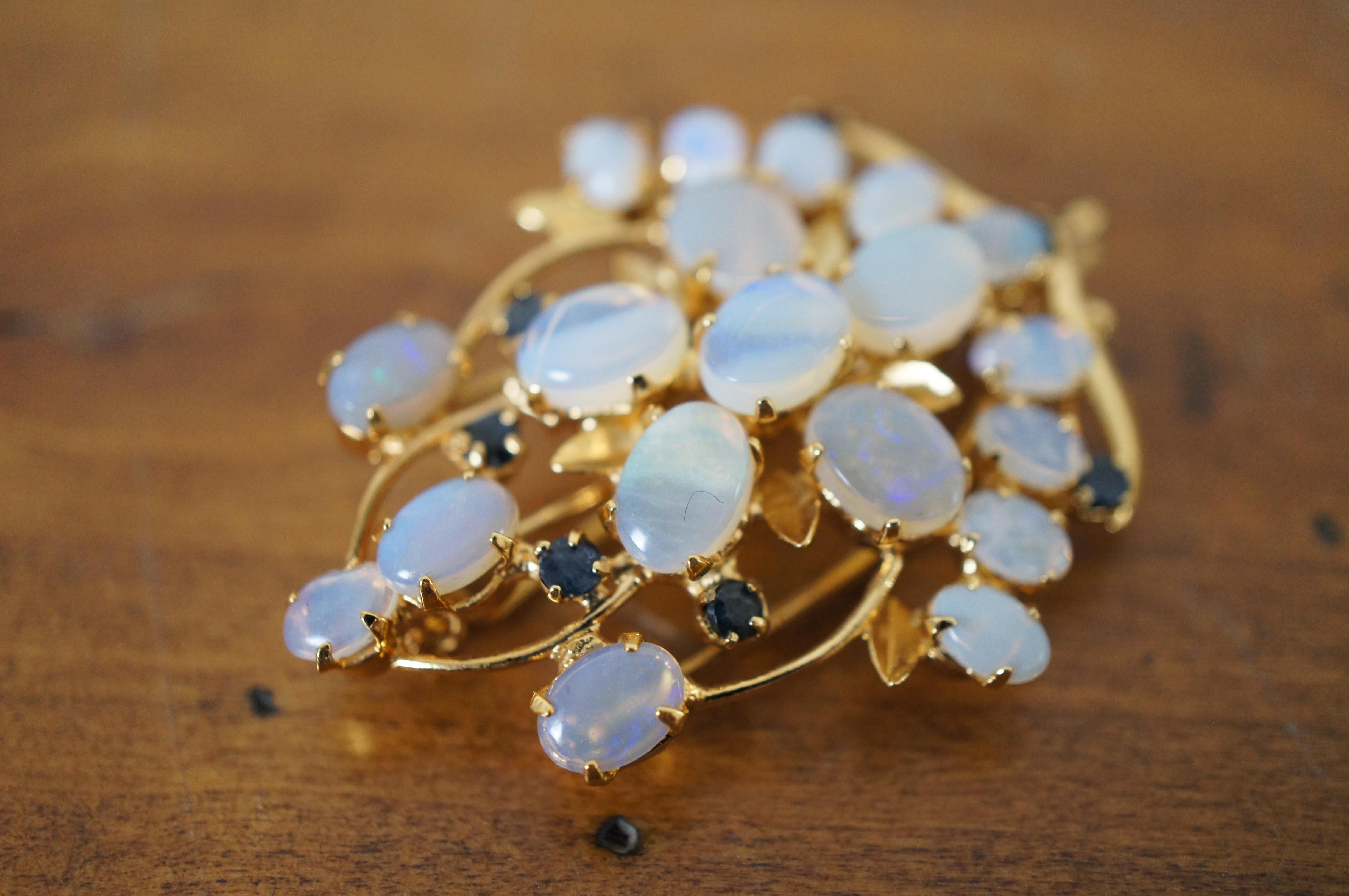 2 Midcentury Gold Tone Opal & Sapphire Floral Cluster Brooch Pendant Pins 2