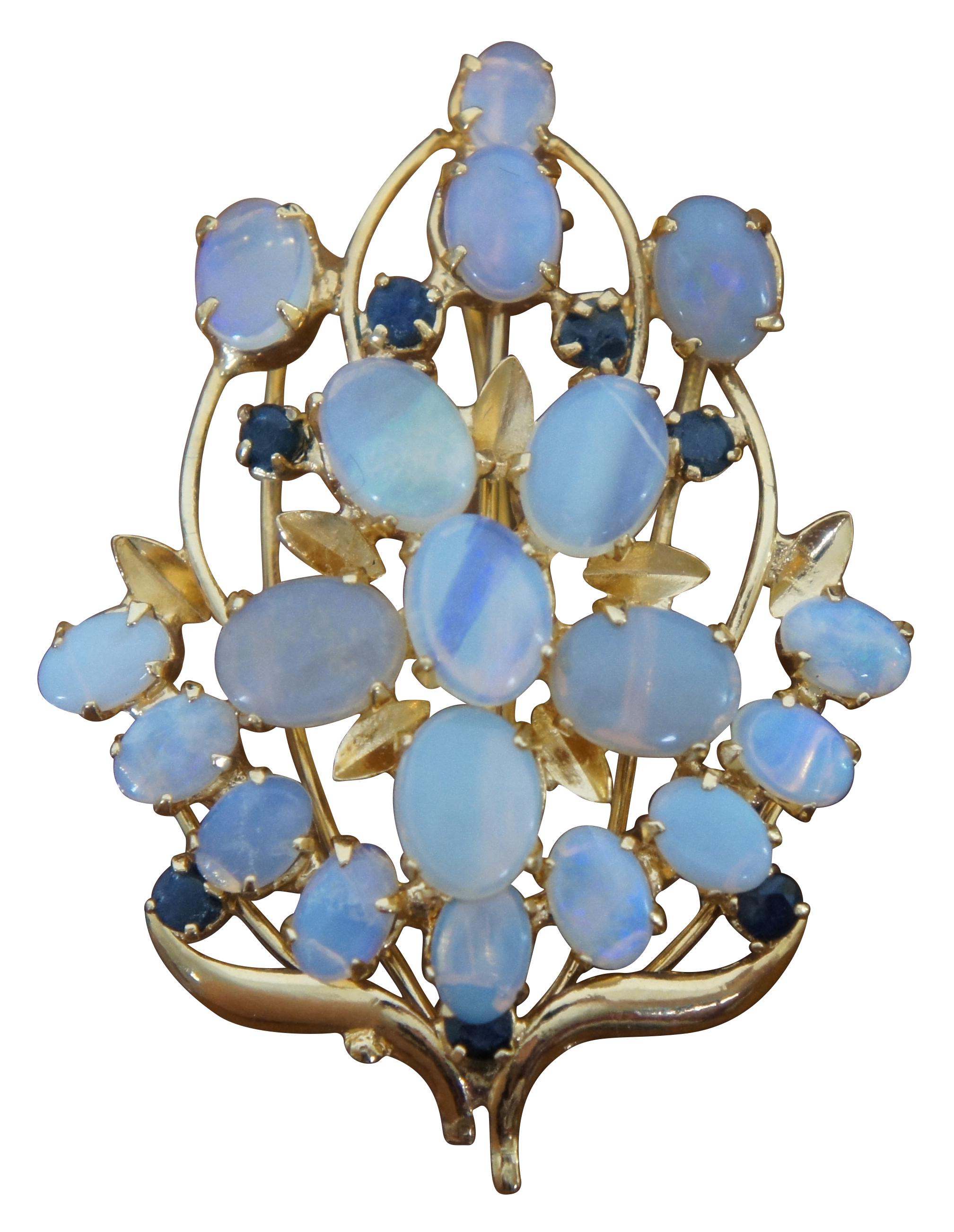 Mid-Century Modern 2 Midcentury Gold Tone Opal & Sapphire Floral Cluster Brooch Pendant Pins 2