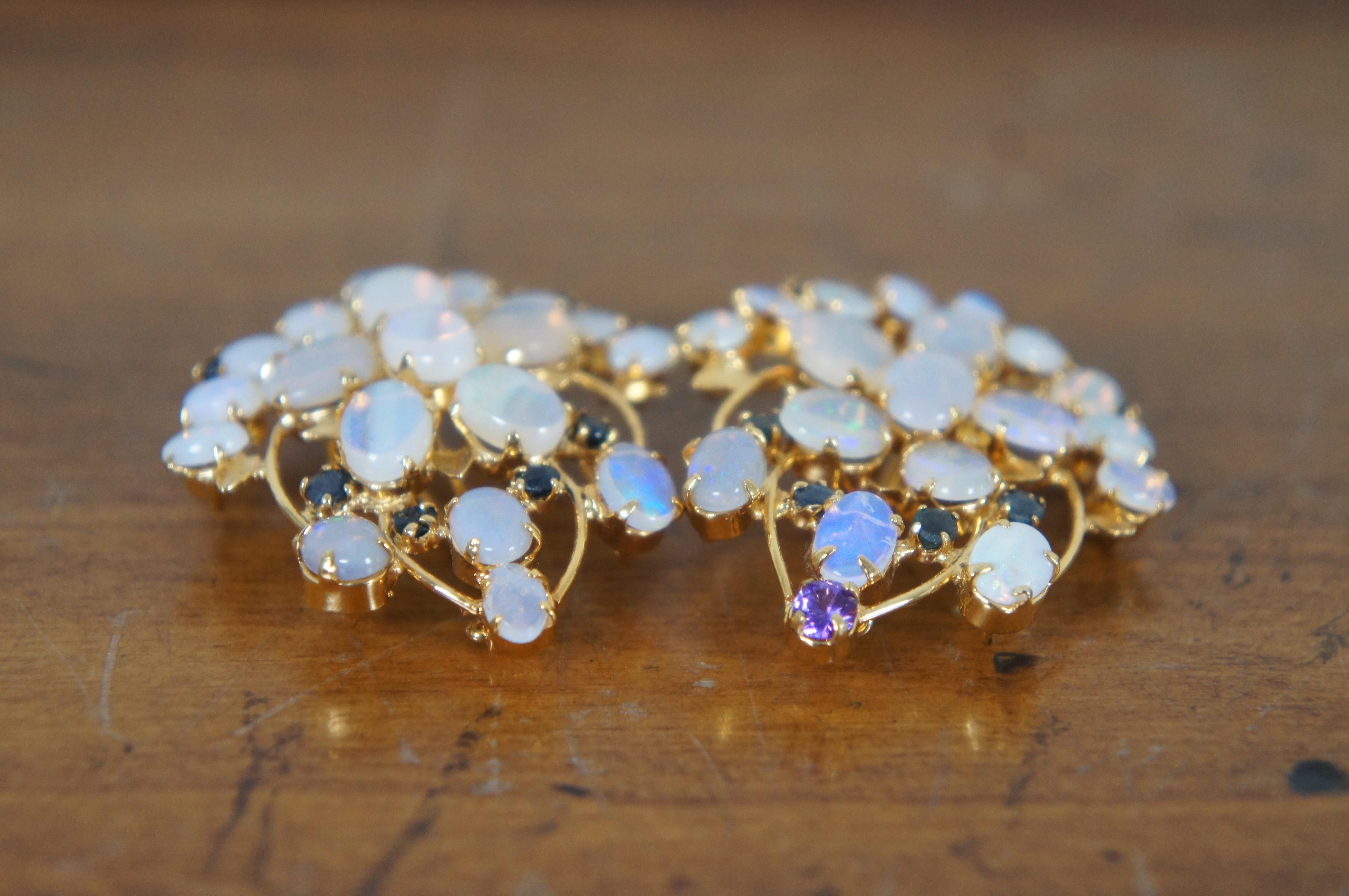 Metal 2 Midcentury Gold Tone Opal & Sapphire Floral Cluster Brooch Pendant Pins 2