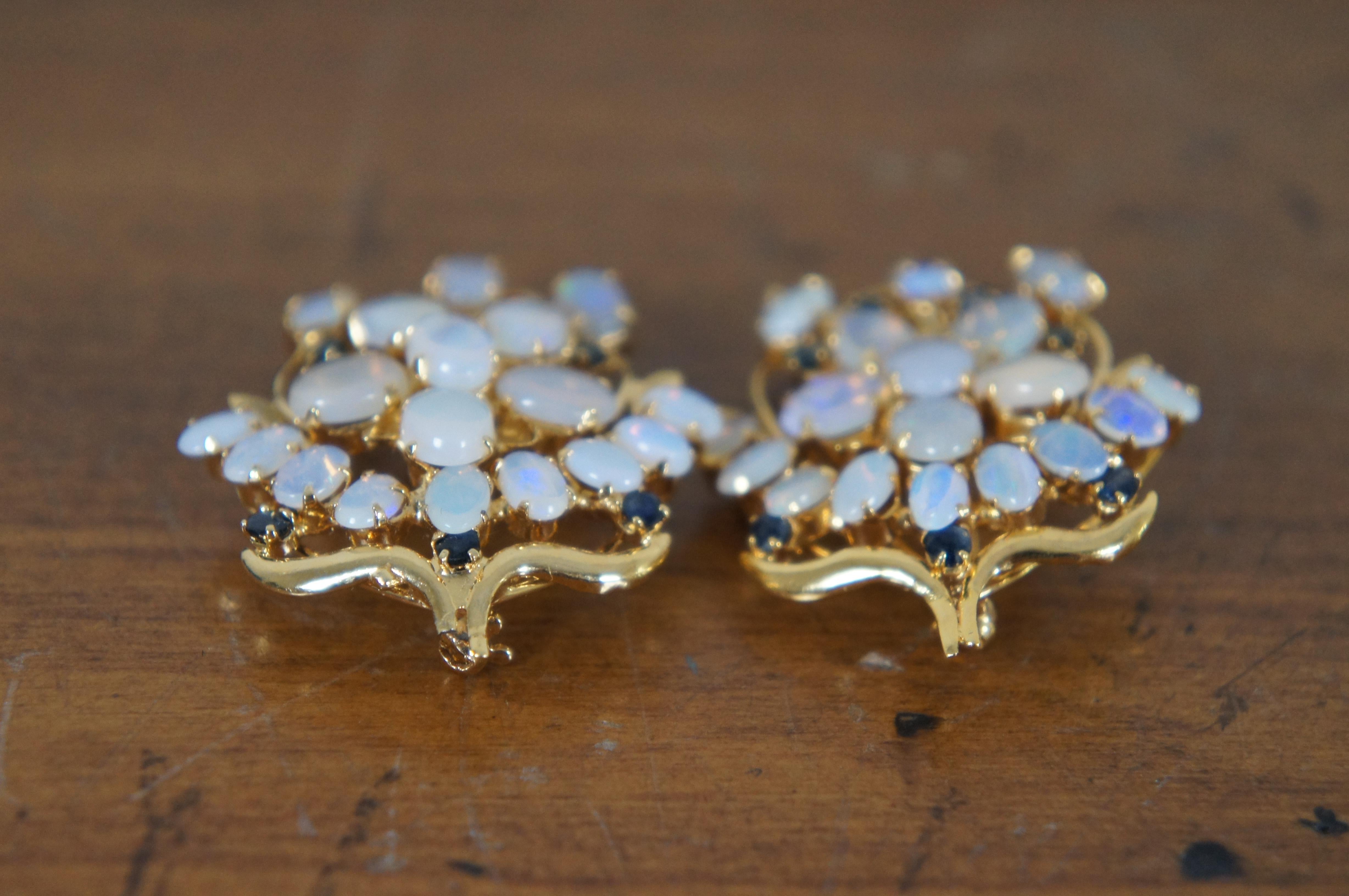 2 Midcentury Gold Tone Opal & Sapphire Floral Cluster Brooch Pendant Pins 2