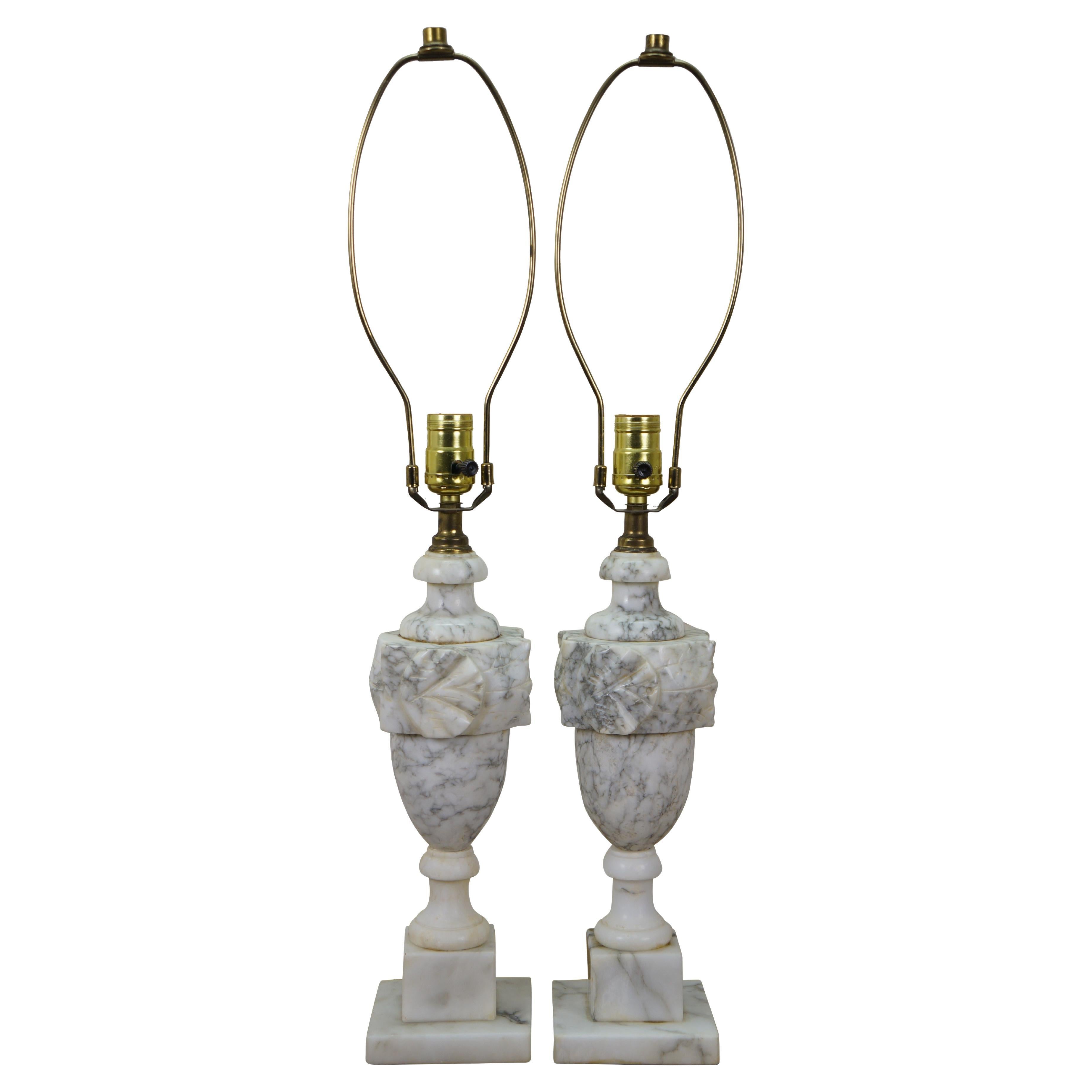 2 Mid Century Gray 
White Alabaster Marble Trophy Urn Table Lamps Pair 18" For Sale