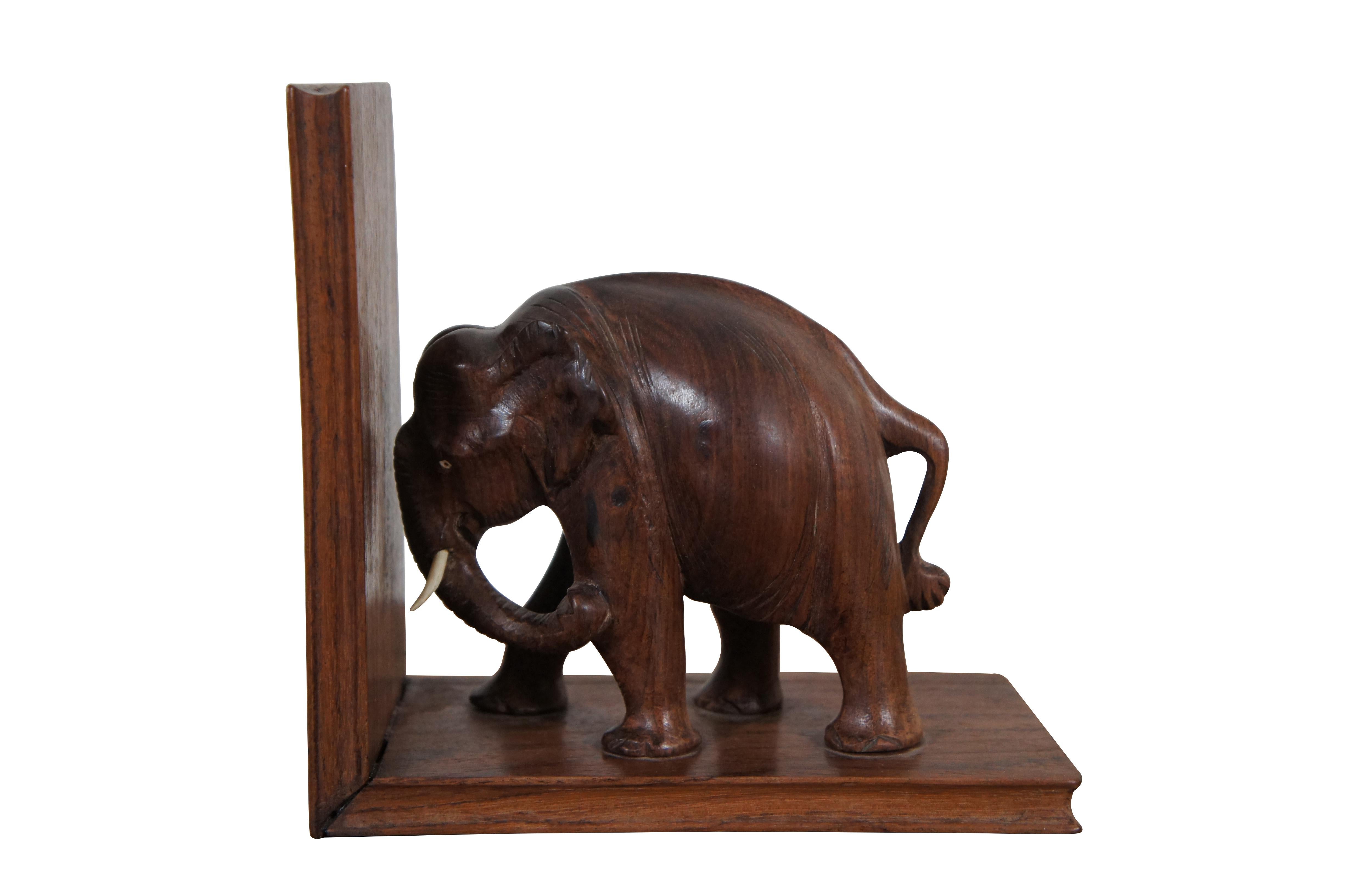 Mid-Century Modern 2 Mid Century Hand Carved Rosewood African Elephant Bookends 6.5