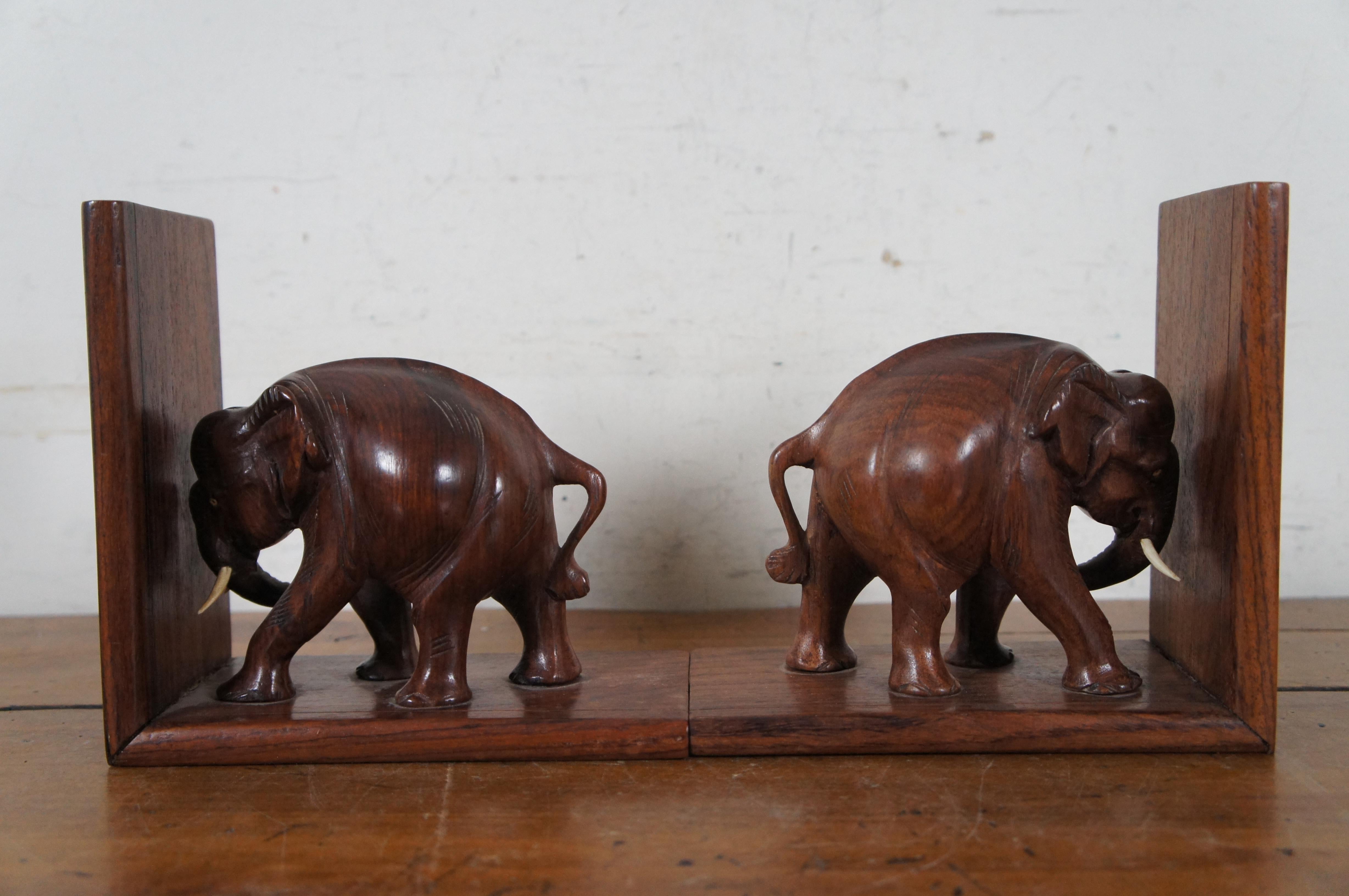 20th Century 2 Mid Century Hand Carved Rosewood African Elephant Bookends 6.5