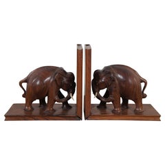 2 Mid Century Hand Carved Rosewood African Elephant Bookends 6.5"