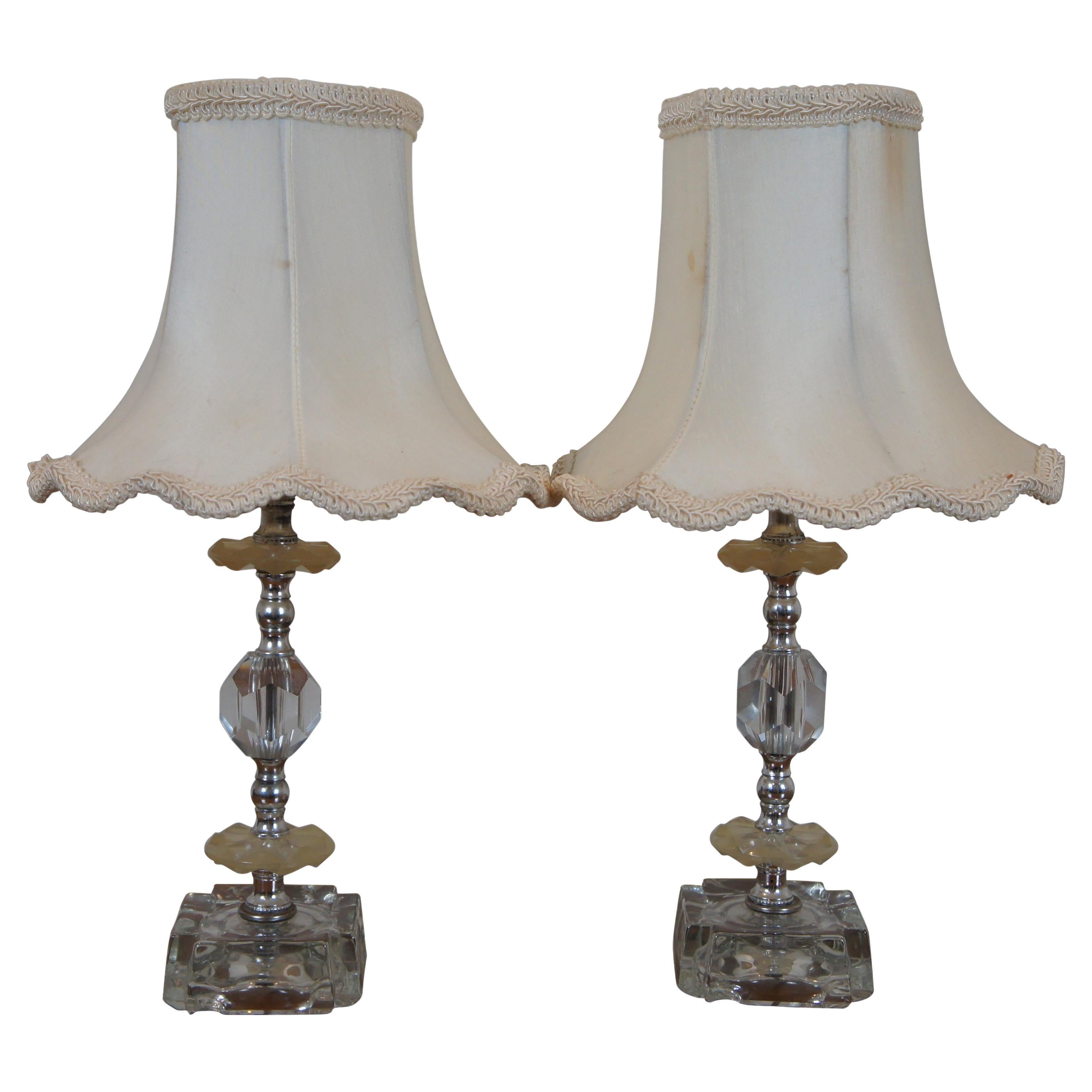 2 Mid-Century Hollywood Regency Crystal & Lucite Boudoir Vanity Lamps For Sale