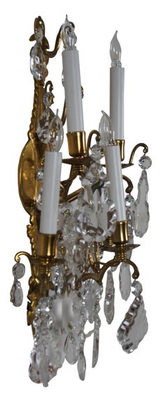 2 Mid Century Italian Hollywood Regency Candelabra Brass Crystal Wall Sconce