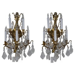 2 Mid Century Italian Hollywood Regency Candelabra Brass Crystal Wall Sconce